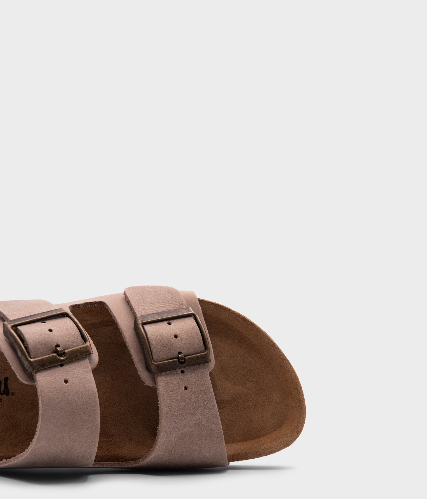 classic cork sandal with two straps in full-grain sand beige nubuck leather, suede footbed and brass gold studs