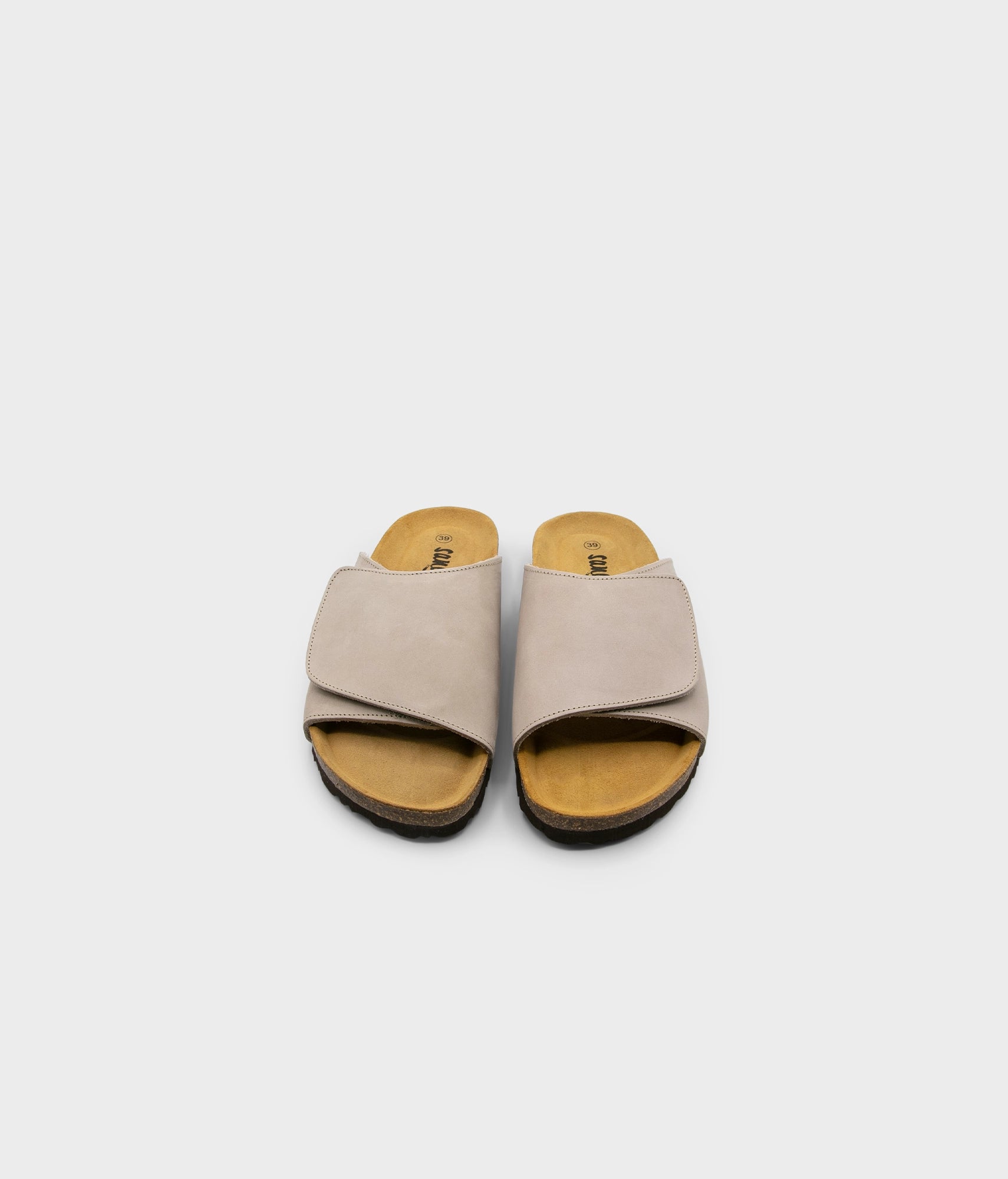 Vigo velcro cork sandals in Sandstone beige nubuck leather, suede footbed and brown EVA outersole