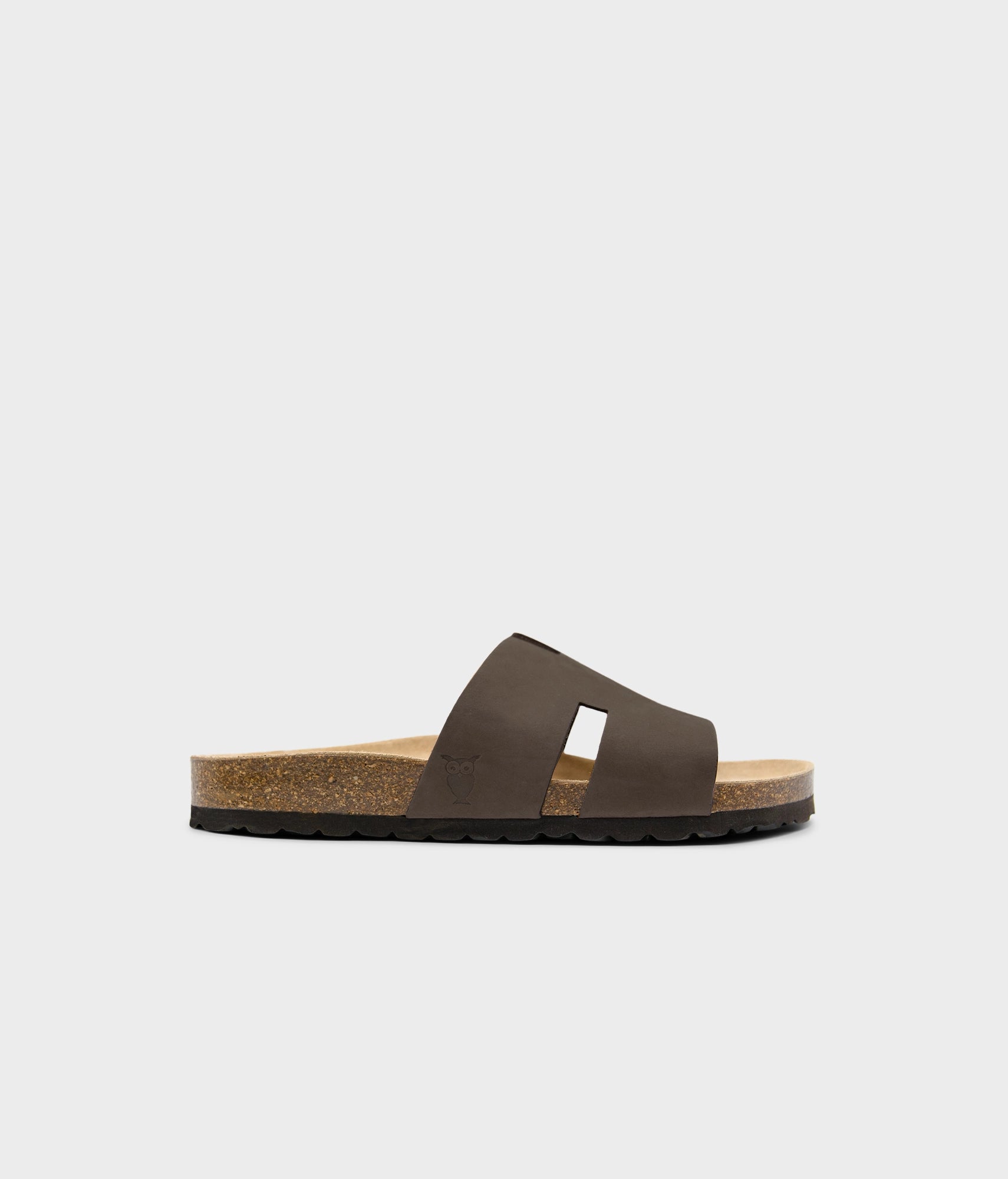 cork sandal with an H-shaped cutout in walnut brown nubuck leather, suede footbed and brown EVA outersole