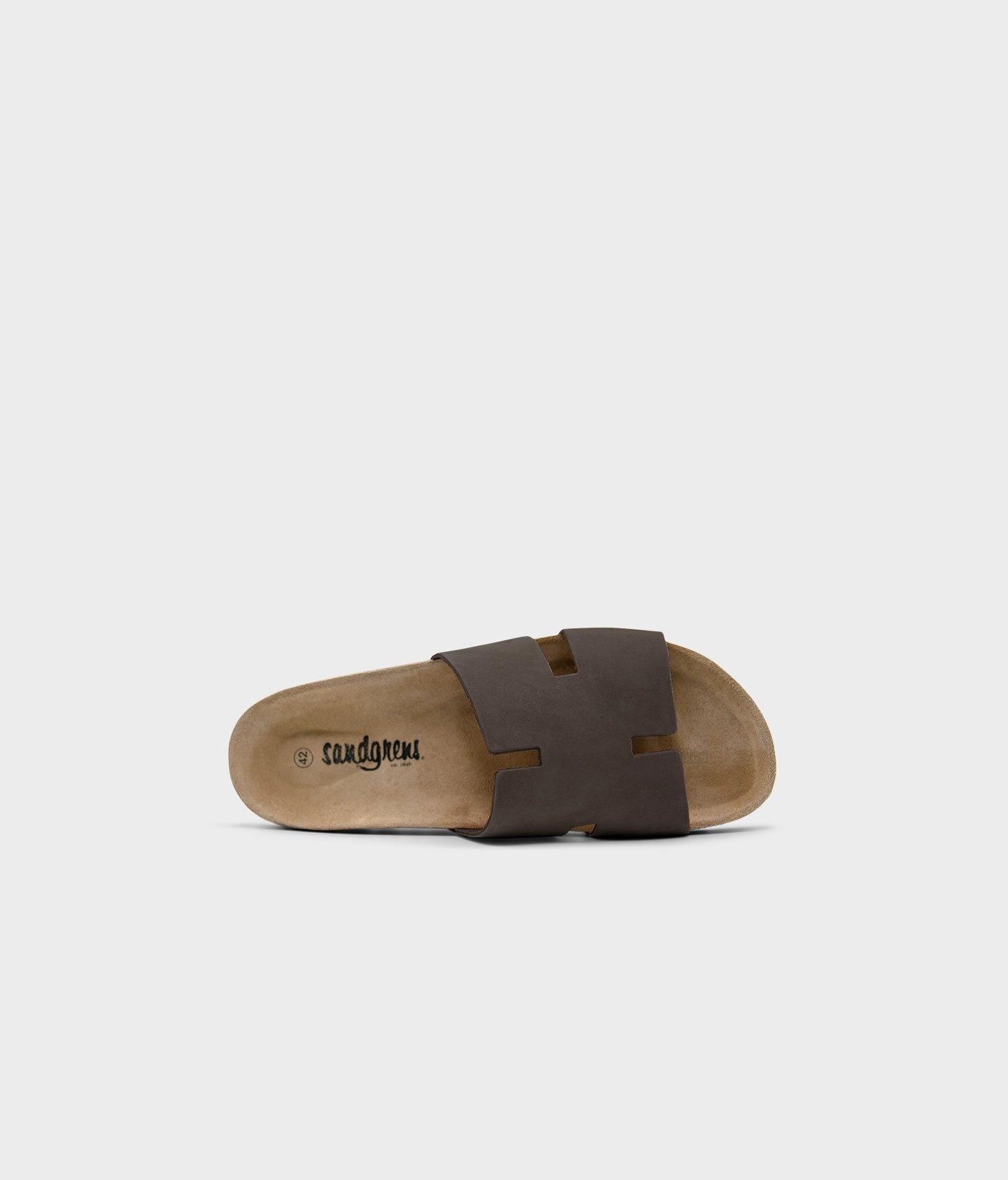 cork sandal with an H-shaped cutout in walnut brown nubuck leather, suede footbed and brown EVA outersole