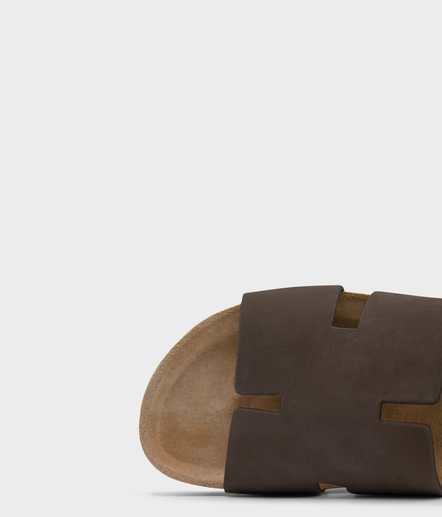 cork sandal with an H-shaped cutout in walnut brown nubuck leather, suede footbed and brown EVA outersole