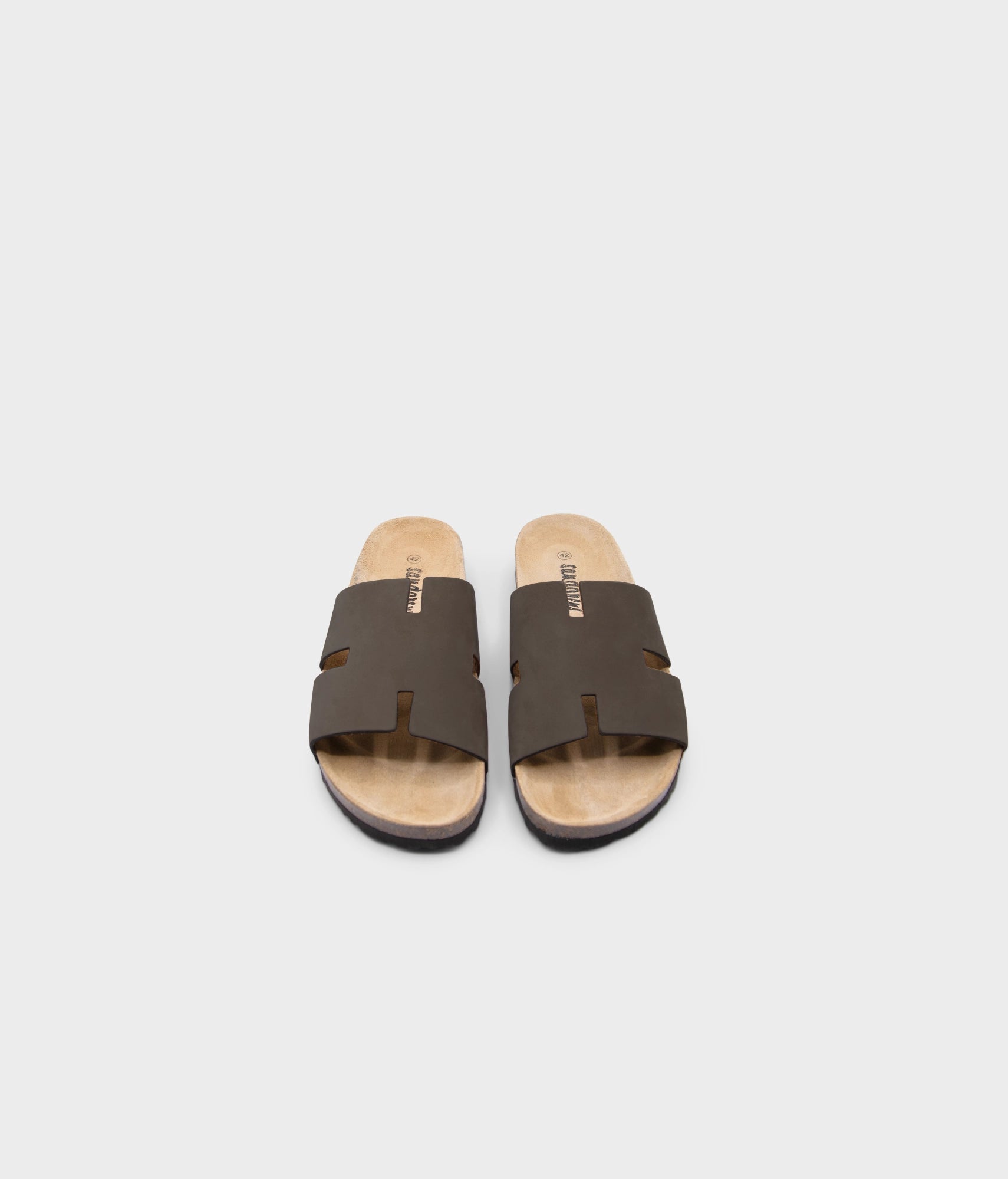 cork sandal with an H-shaped cutout in walnut brown nubuck leather, suede footbed and brown EVA outersole