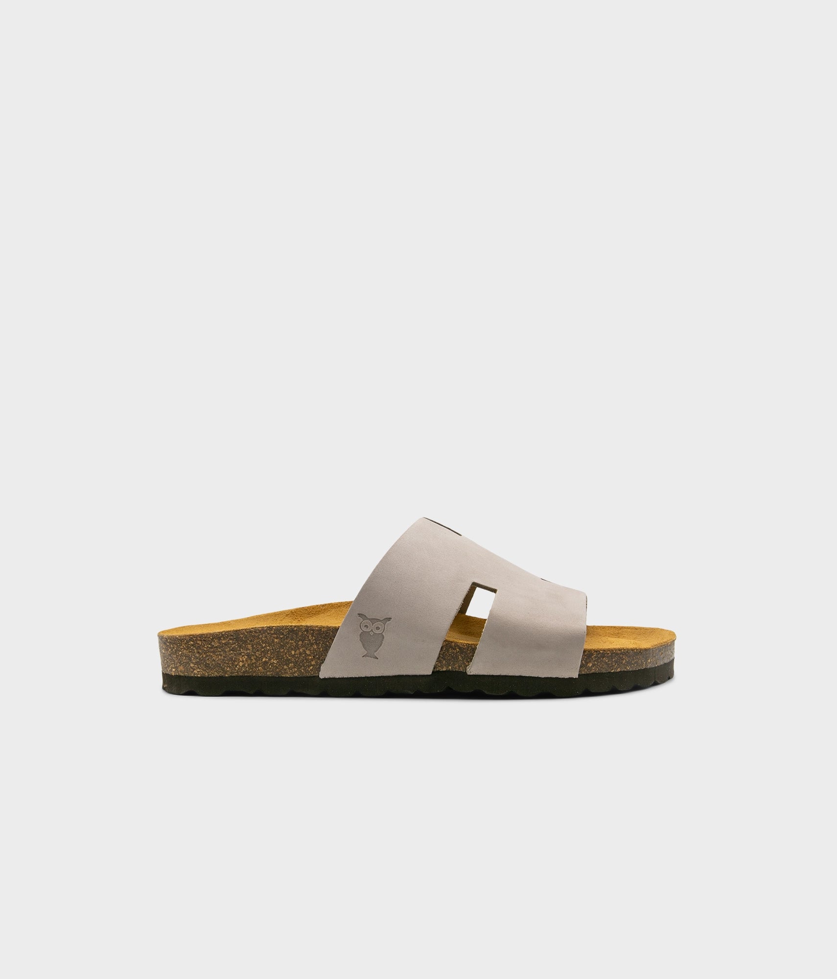 cork sandal with an H-shaped cutout in sandstone beige nubuck leather, suede footbed and black EVA outersole