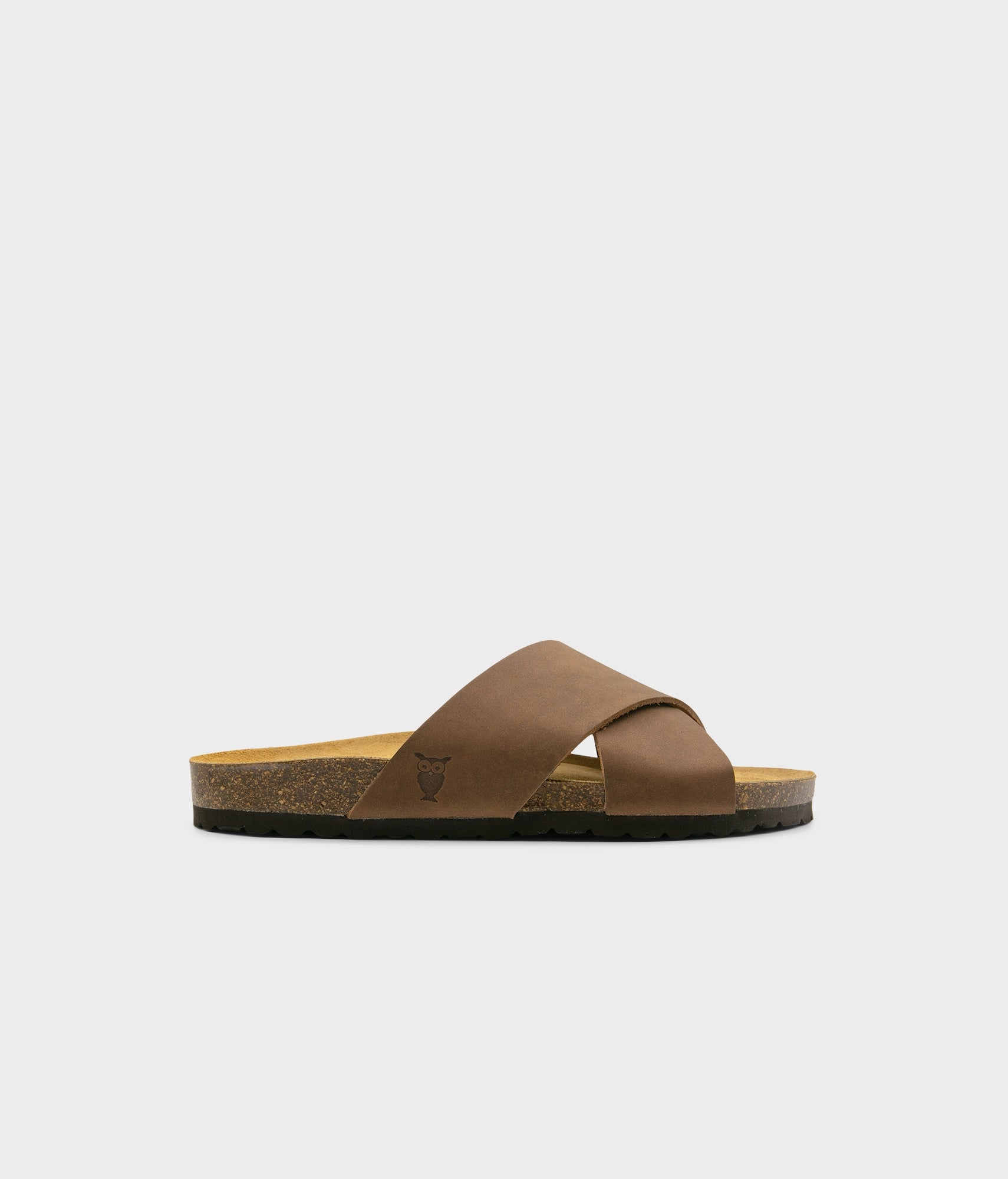 criss cross cork sandal in hazel brown oiled full-grain nubuck leather with a brown EVA outersole and suede footbed