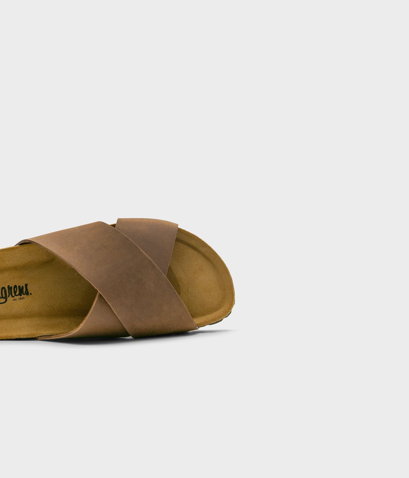 criss cross cork sandal in hazel brown oiled full-grain nubuck leather with a brown EVA outersole and suede footbed