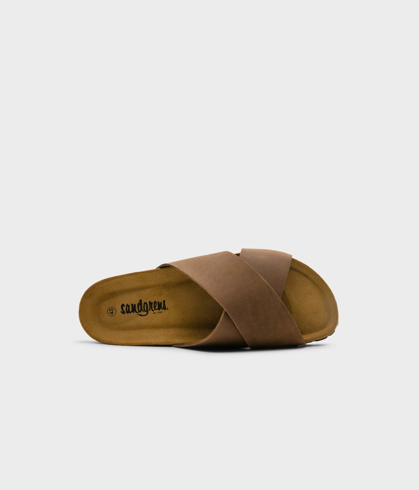 criss cross cork sandal in hazel brown oiled full-grain nubuck leather with a brown EVA outersole and suede footbed