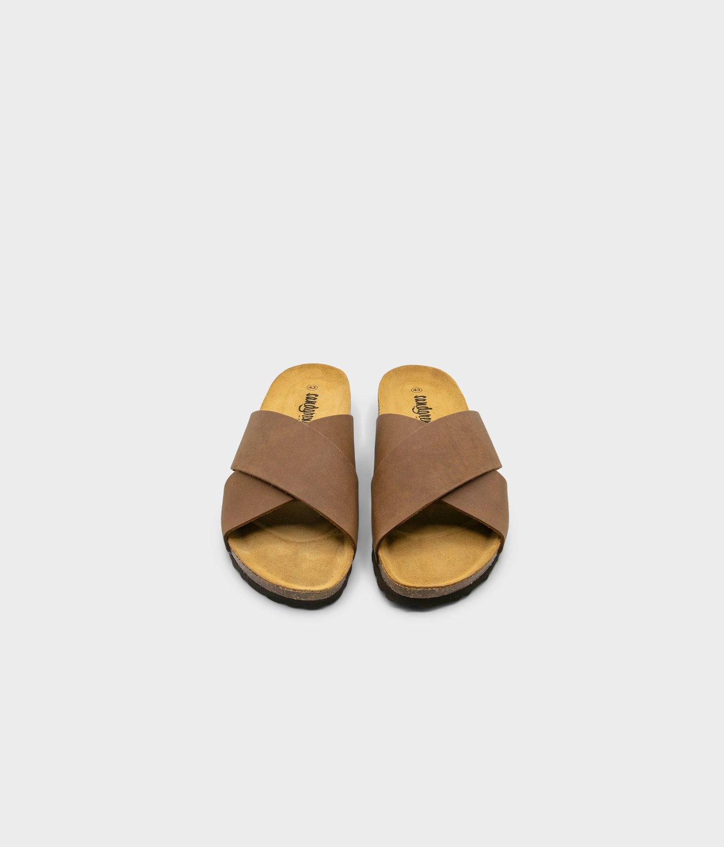 criss cross cork sandal in hazel brown oiled full-grain nubuck leather with a brown EVA outersole and suede footbed