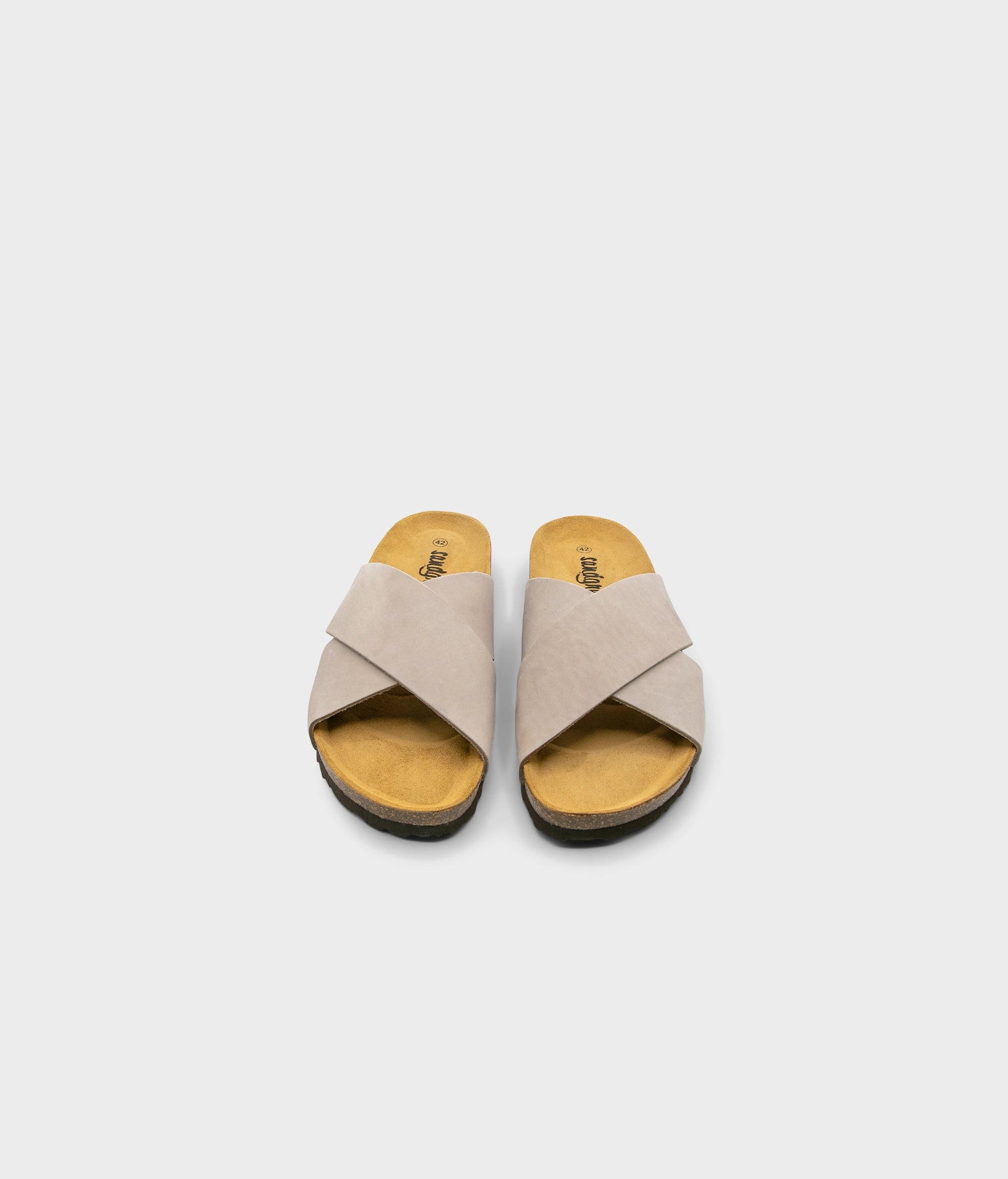 criss cross cork sandal in sandstone beige oiled full-grain nubuck leather with a brown EVA outersole and suede footbed