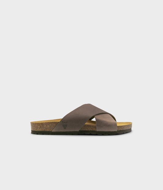 criss cross cork sandal in walnut brown oiled full-grain nubuck leather with a brown EVA outersole and suede footbed