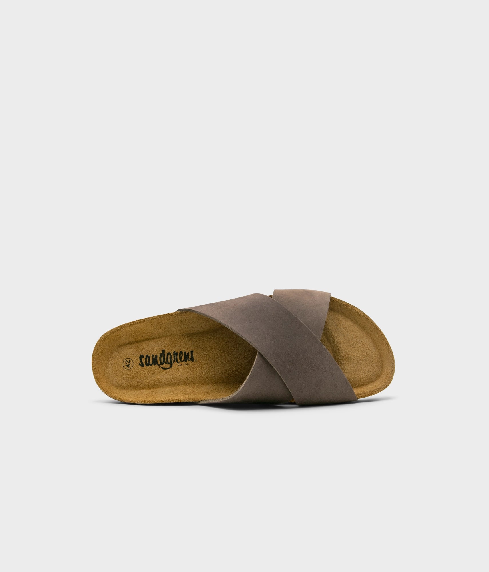 criss cross cork sandal in walnut brown oiled full-grain nubuck leather with a brown EVA outersole and suede footbed