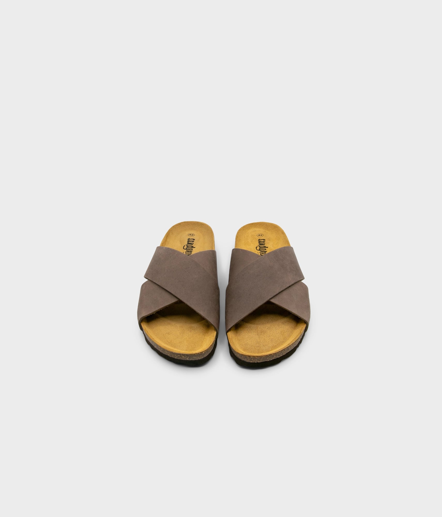 criss cross cork sandal in walnut brown oiled full-grain nubuck leather with a brown EVA outersole and suede footbed