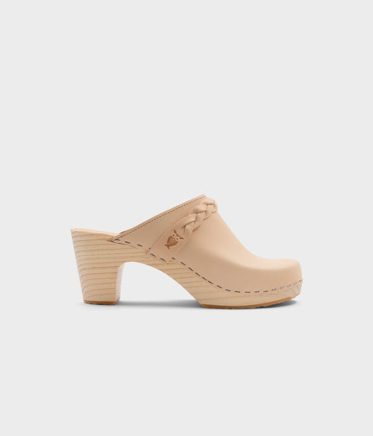 high rise heel braided clog mule in ecru beige vegetable tanned leather stapled on a light wooden base
