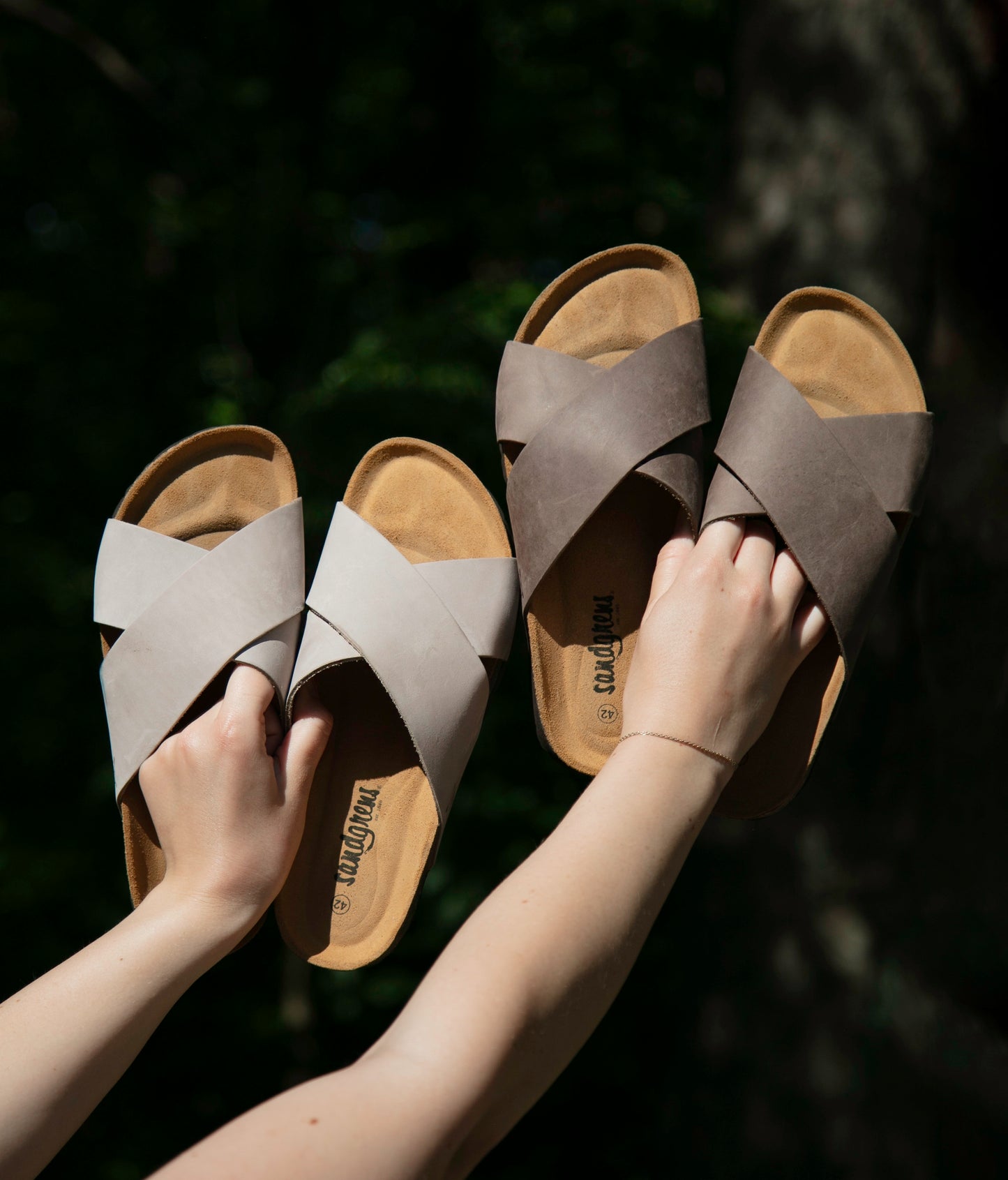 criss cross cork sandal in walnut brown oiled full-grain nubuck leather with a brown EVA outersole and suede footbed