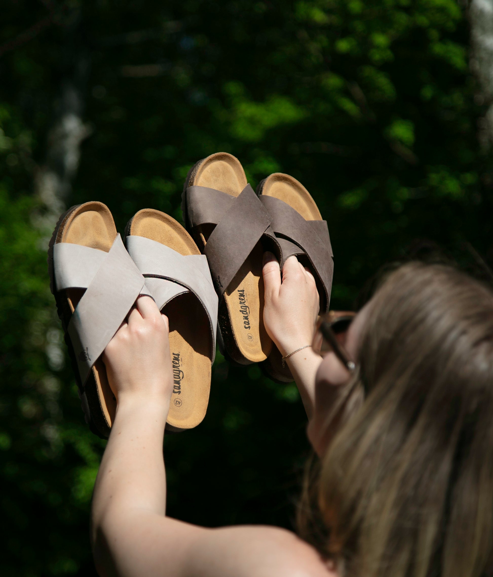 criss cross cork sandal in sandstone beige oiled full-grain nubuck leather with a brown EVA outersole and suede footbed