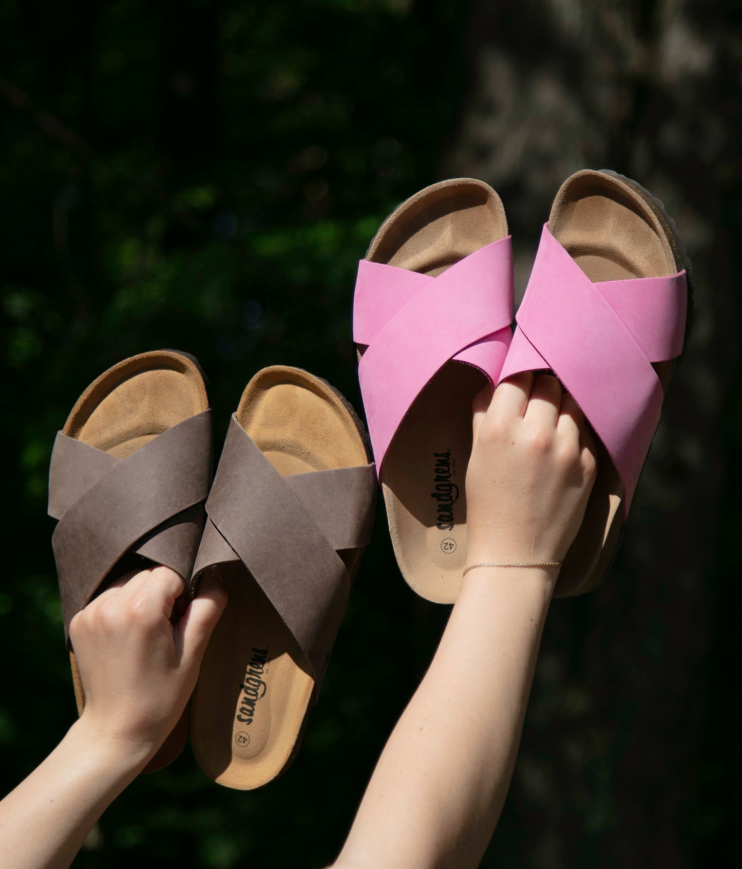 criss cross cork sandal in walnut brown oiled full-grain nubuck leather with a brown EVA outersole and suede footbed