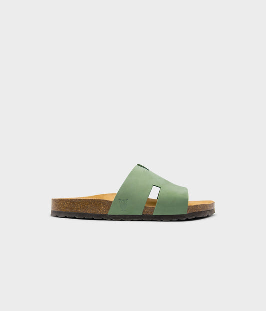 cork sandal with an H-shaped cutout in Jade Green nubuck leather, suede footbed and brown EVA outersole