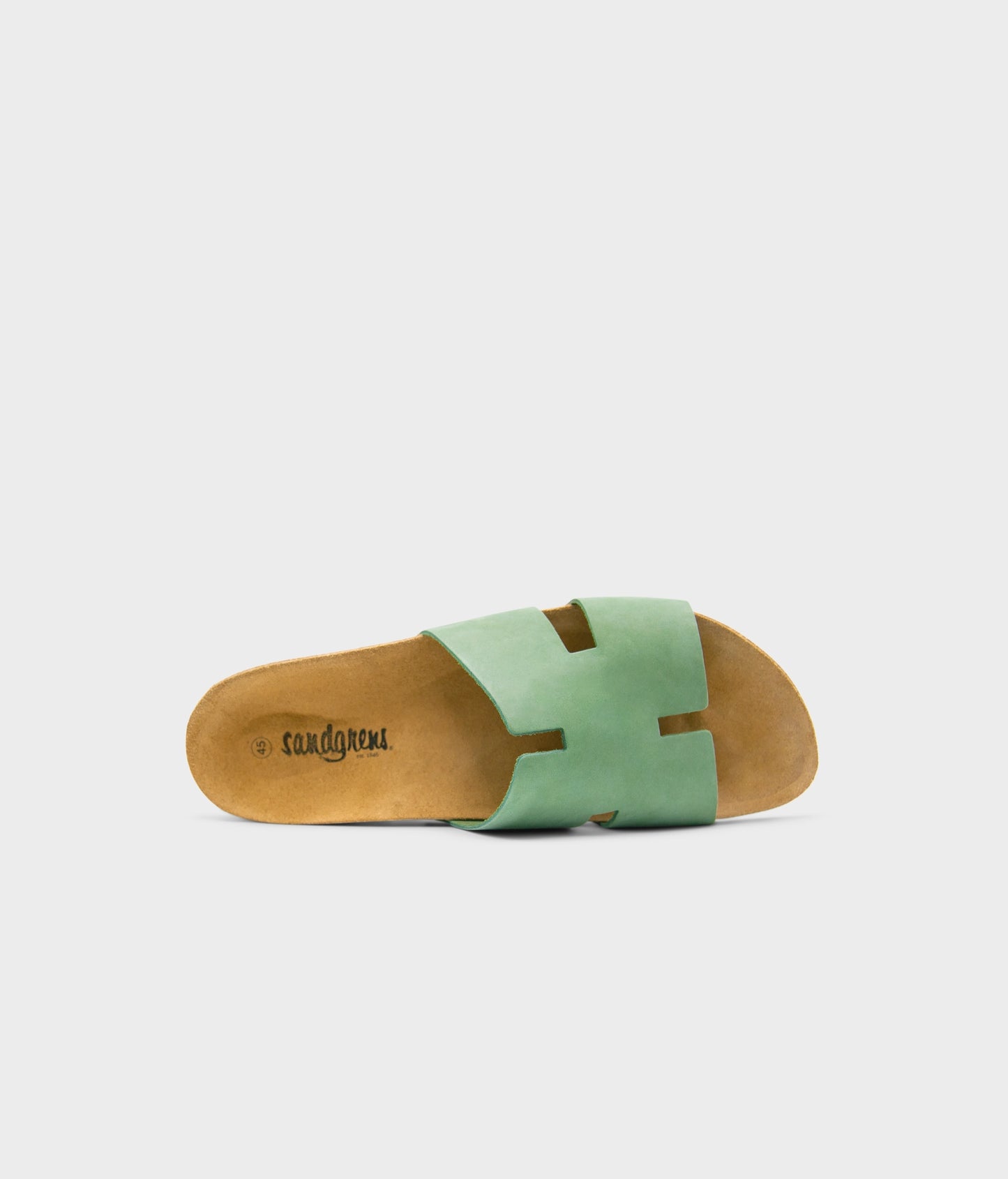 cork sandal with an H-shaped cutout in Jade Green nubuck leather, suede footbed and brown EVA outersole