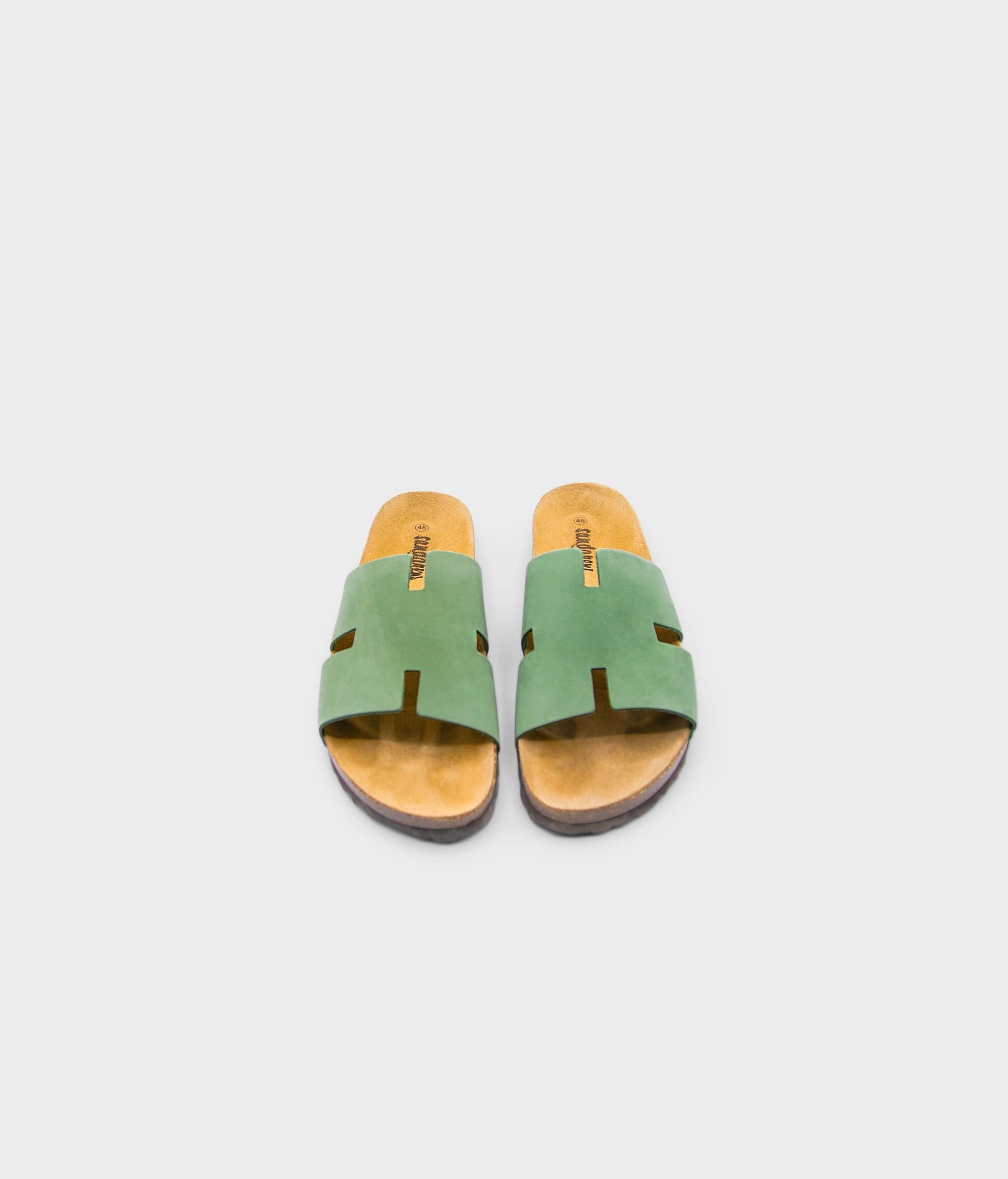 cork sandal with an H-shaped cutout in Jade Green nubuck leather, suede footbed and brown EVA outersole