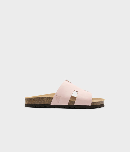 cork sandal with an H-shaped cutout in pale pink nubuck leather, suede footbed and brown EVA outersole