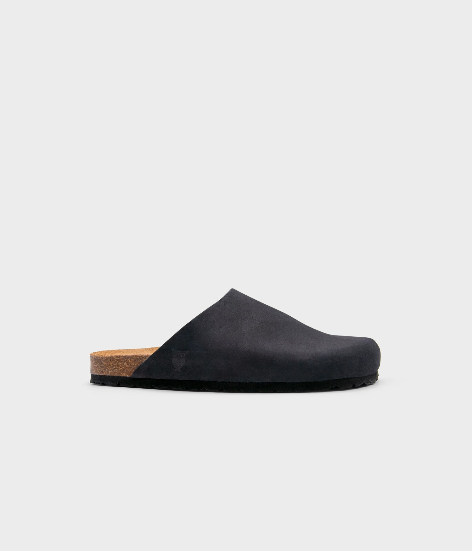 closed-toe cork sandal in black nubuck leather, suede footbed and black EVA outersole