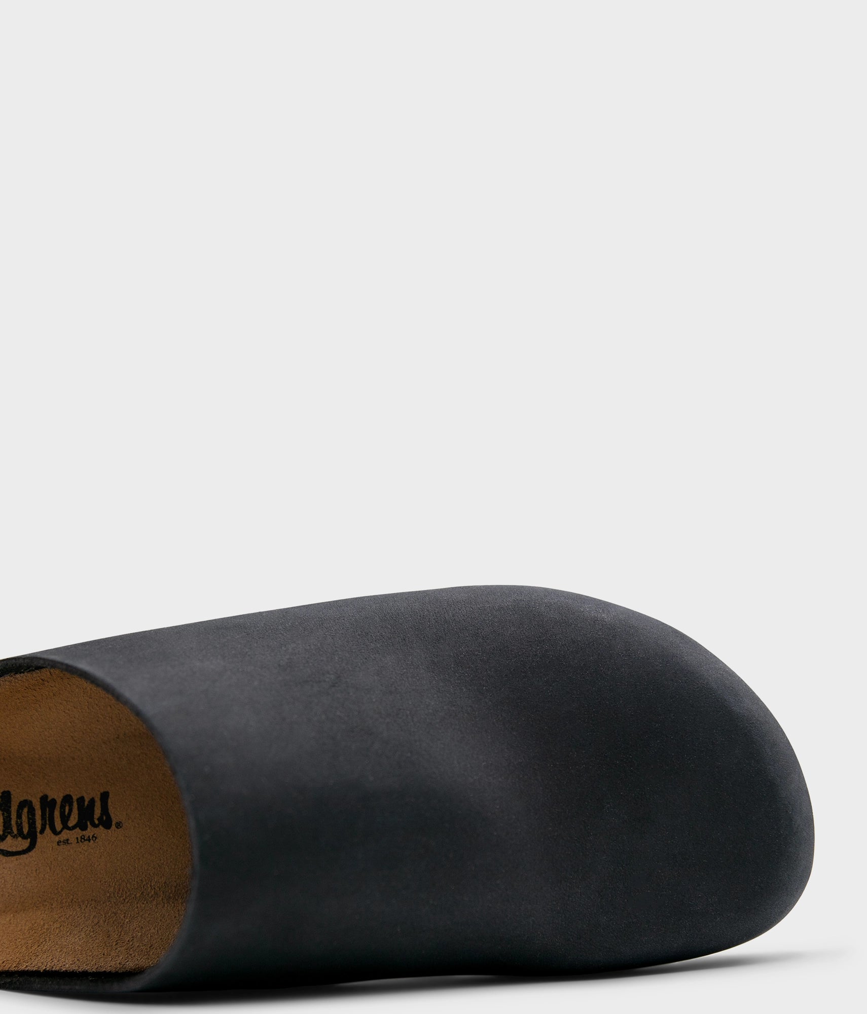 closed-toe cork sandal in black nubuck leather, suede footbed and black EVA outersole