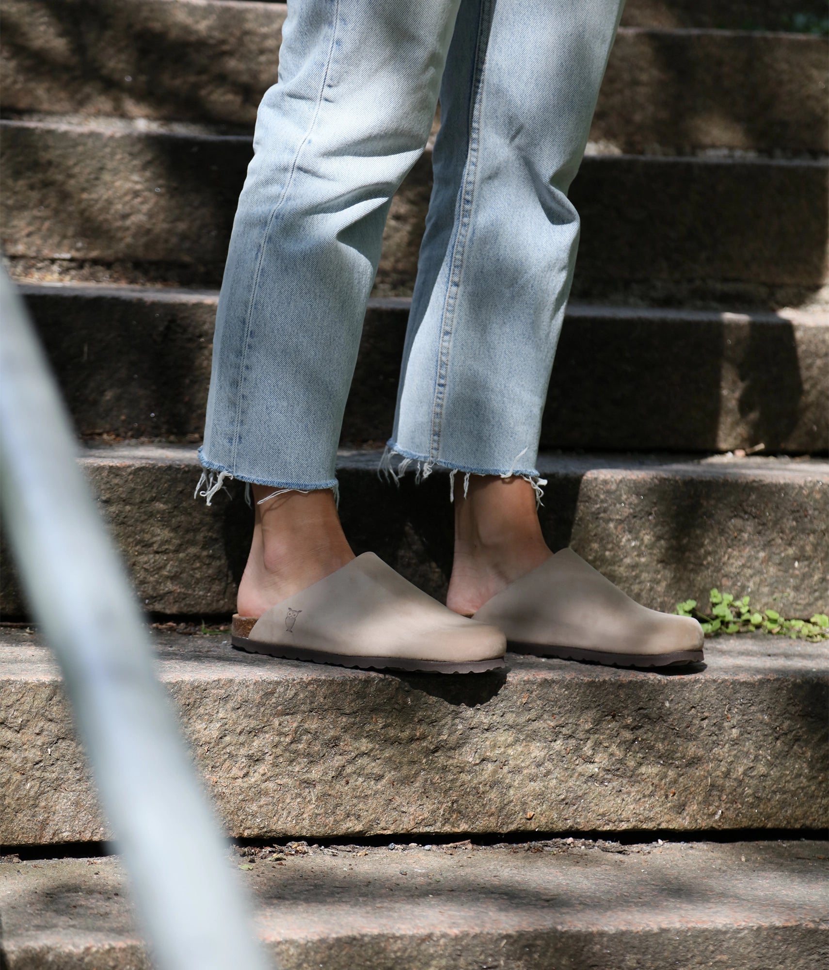 closed-toe cork sandal in sandstone beige nubuck leather, suede footbed and brown EVA outersole