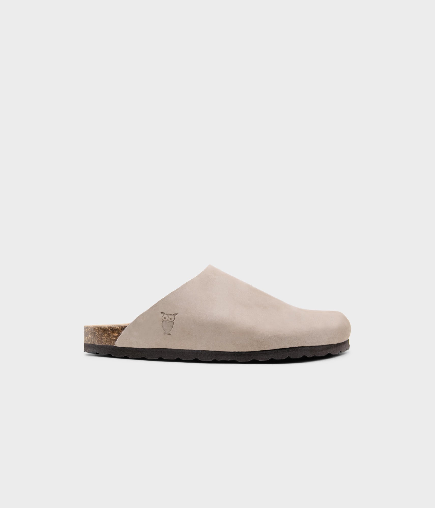 closed-toe cork sandal in sandstone beige nubuck leather, suede footbed and brown EVA outersole