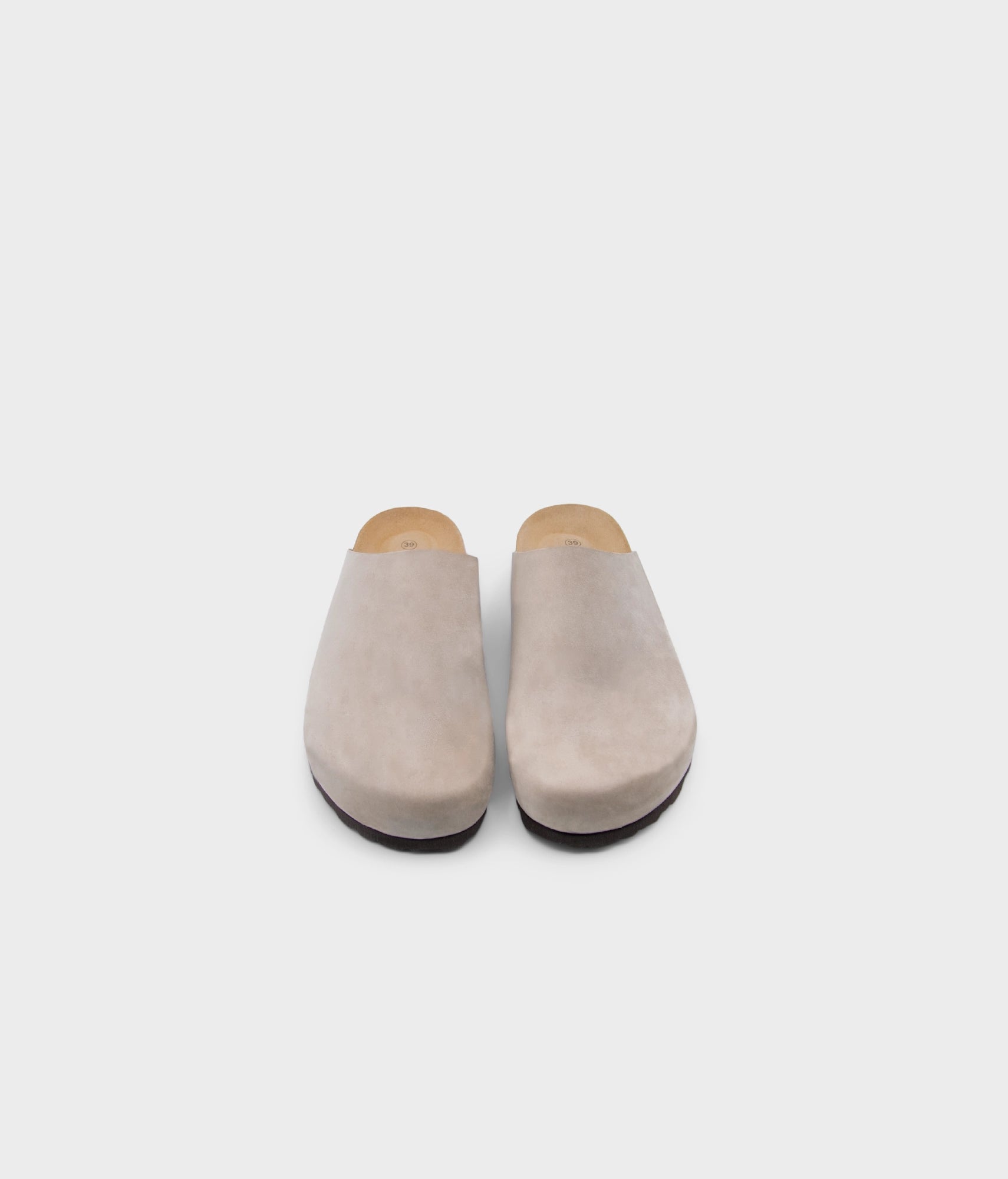 closed-toe cork sandal in sandstone beige nubuck leather, suede footbed and brown EVA outersole