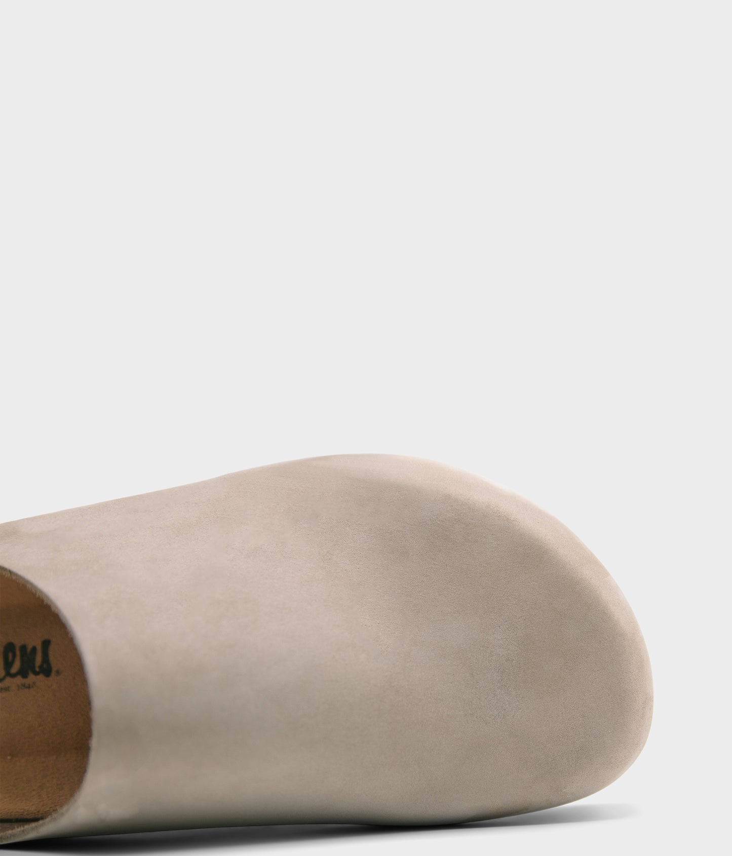 closed-toe cork sandal in sandstone beige nubuck leather, suede footbed and brown EVA outersole