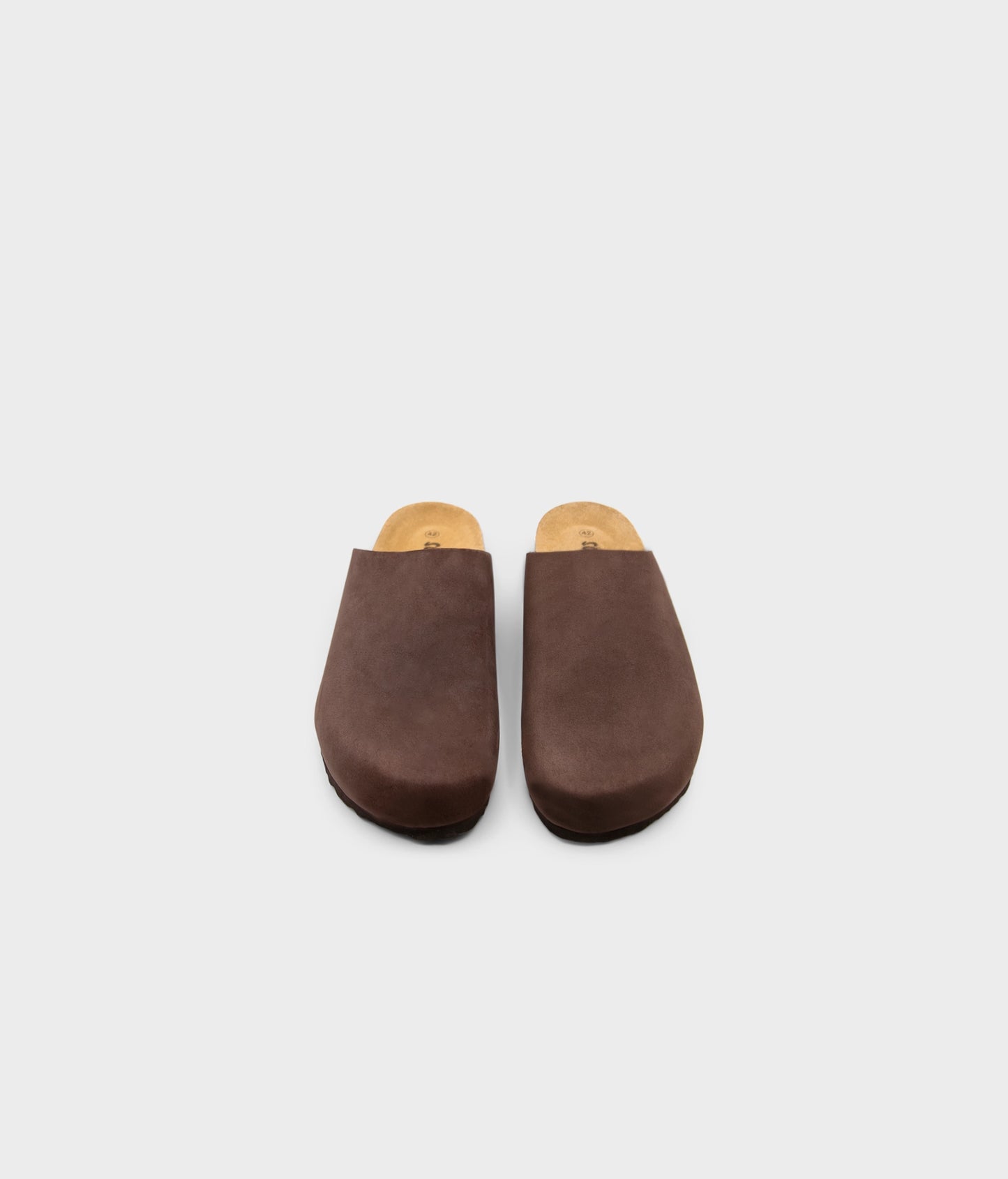 closed-toe cork sandal in walnut brown nubuck leather, suede footbed and brown EVA outersole