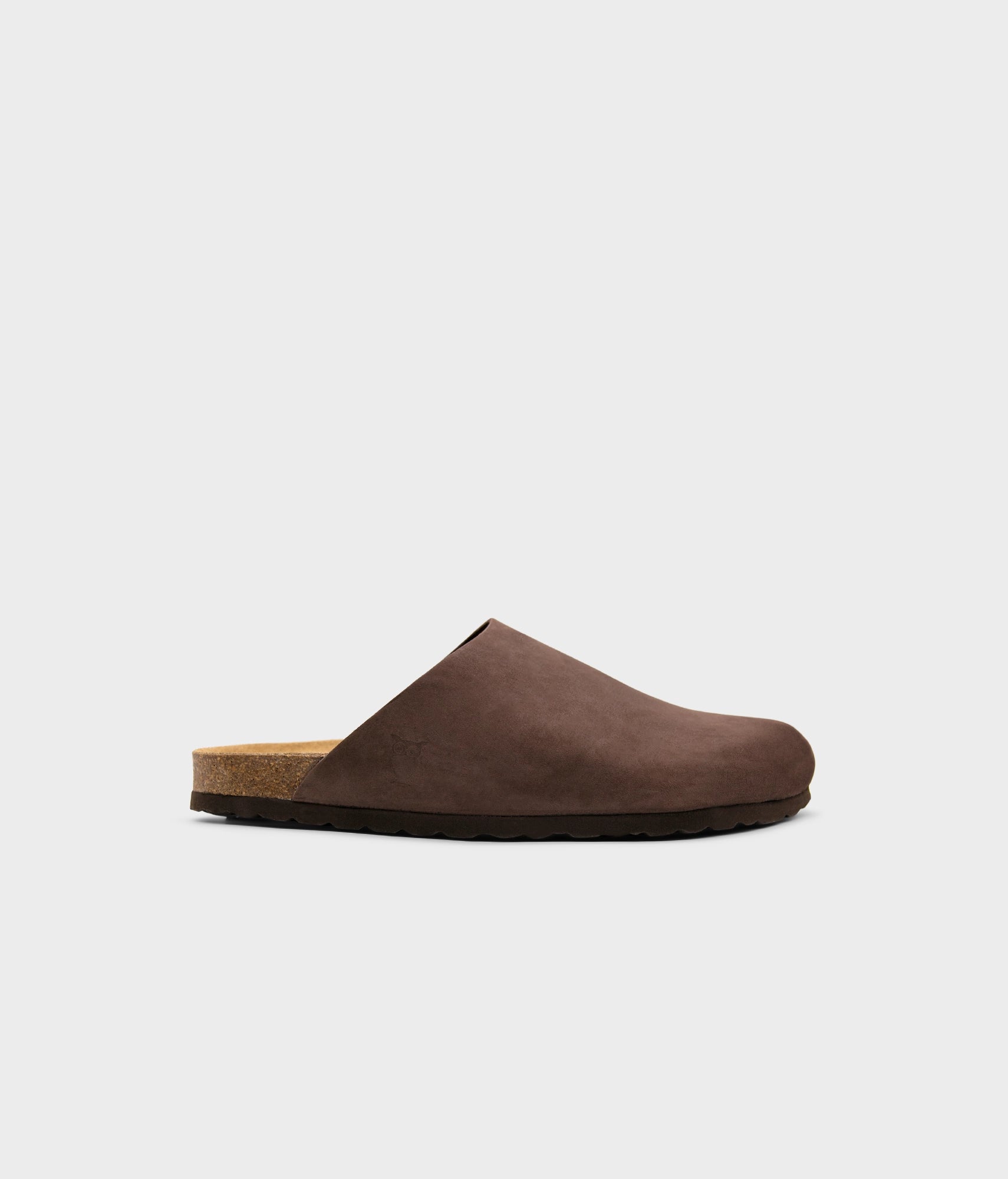 closed-toe cork sandal in walnut brown nubuck leather, suede footbed and brown EVA outersole