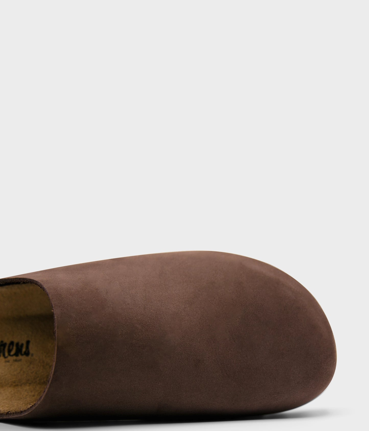 closed-toe cork sandal in walnut brown nubuck leather, suede footbed and brown EVA outersole