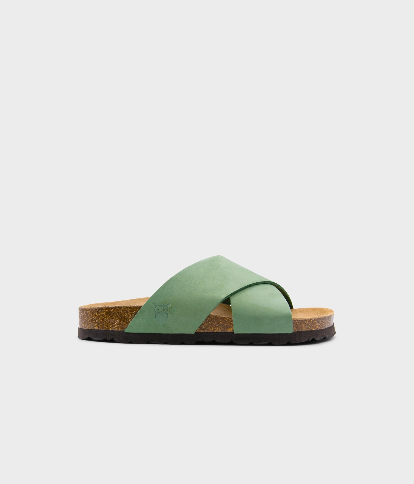 criss cross cork sandal in Jade Green oiled full-grain nubuck leather with a brown EVA outersole and suede footbed