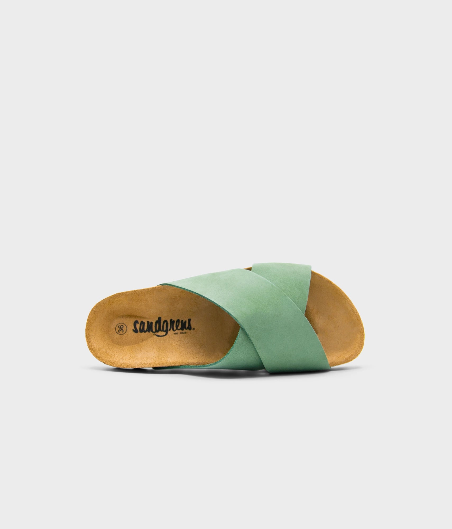 criss cross cork sandal in Jade Green oiled full-grain nubuck leather with a brown EVA outersole and suede footbed