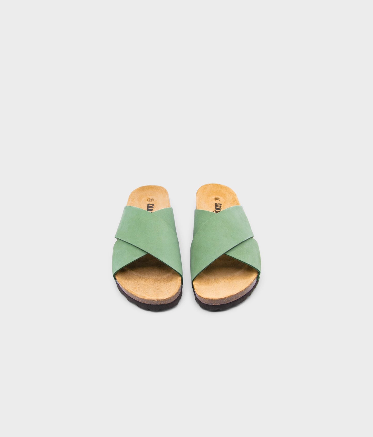 criss cross cork sandal in Jade Green oiled full-grain nubuck leather with a brown EVA outersole and suede footbed