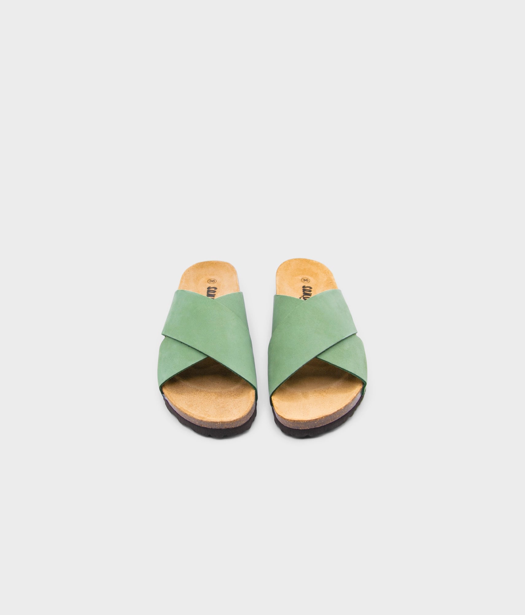 criss cross cork sandal in Jade Green oiled full-grain nubuck leather with a brown EVA outersole and suede footbed