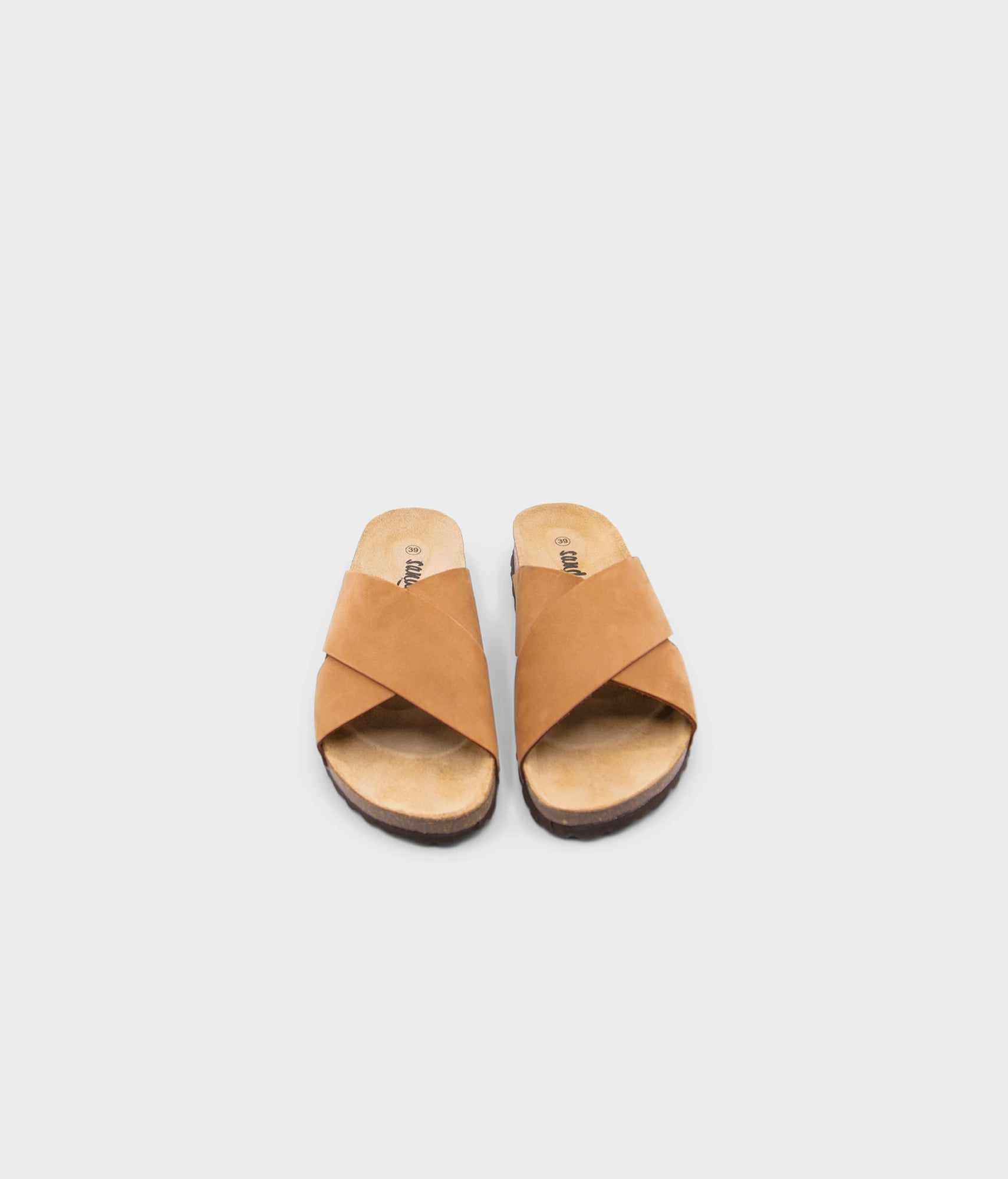 criss cross cork sandal in light terracotta oiled full-grain nubuck leather with a brown EVA outersole and suede footbed