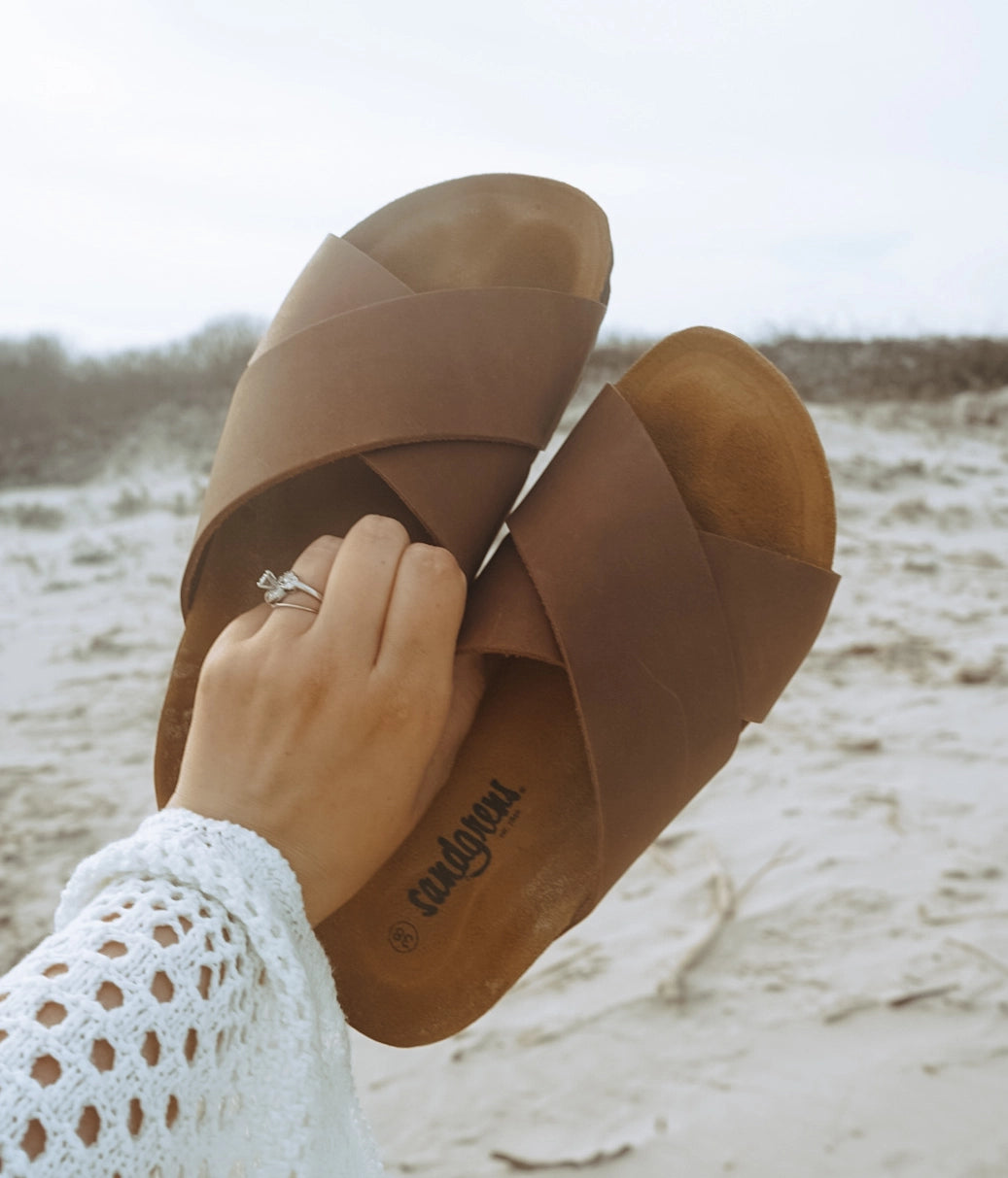 criss cross cork sandal in hazel brown oiled full-grain nubuck leather with a brown EVA outersole and suede footbed