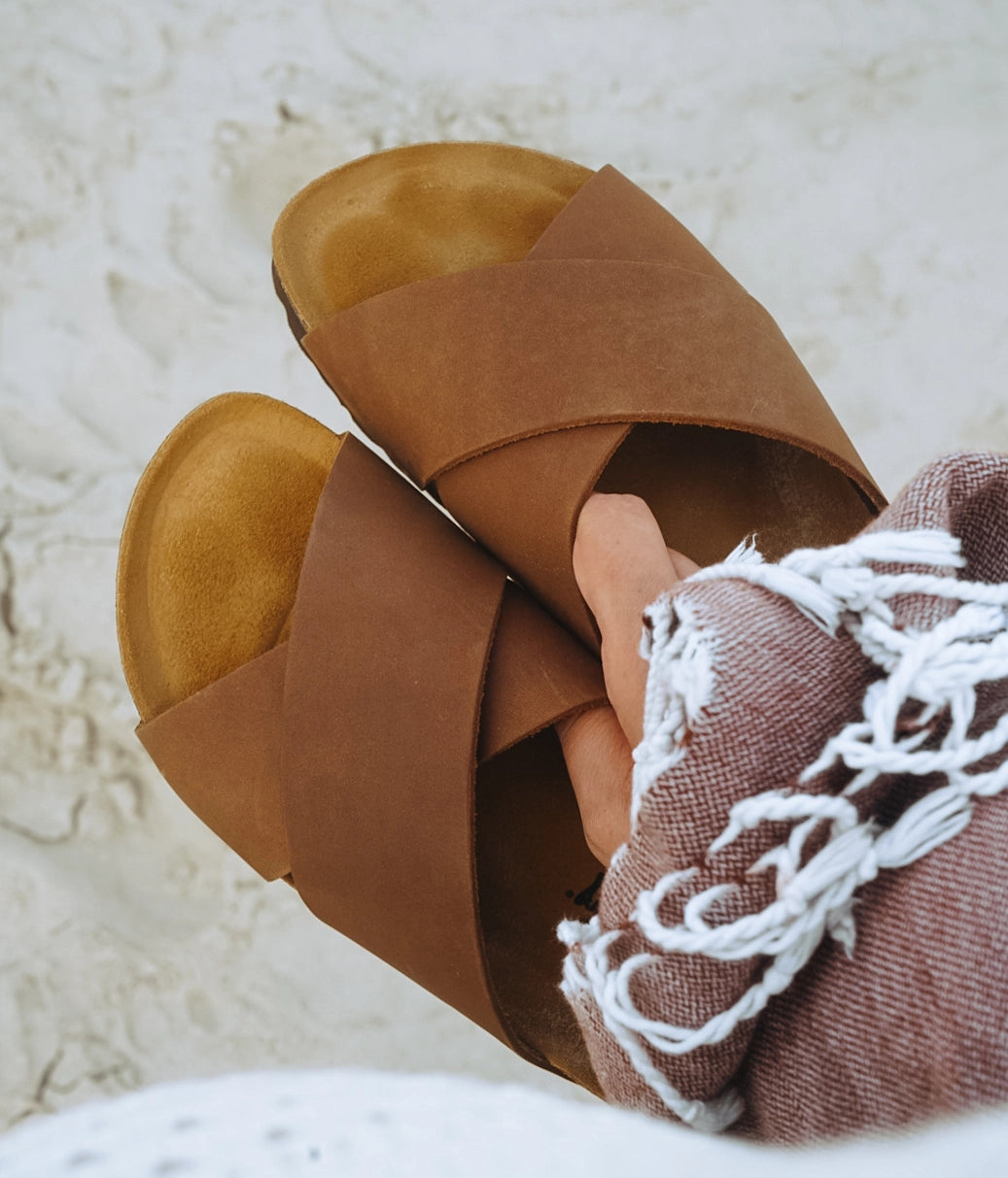 criss cross cork sandal in hazel brown oiled full-grain nubuck leather with a brown EVA outersole and suede footbed