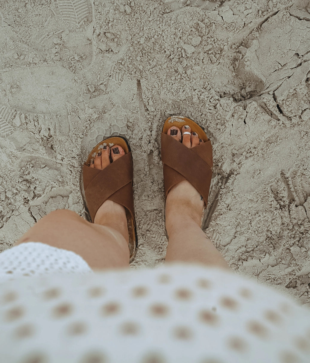 criss cross cork sandal in hazel brown oiled full-grain nubuck leather with a brown EVA outersole and suede footbed