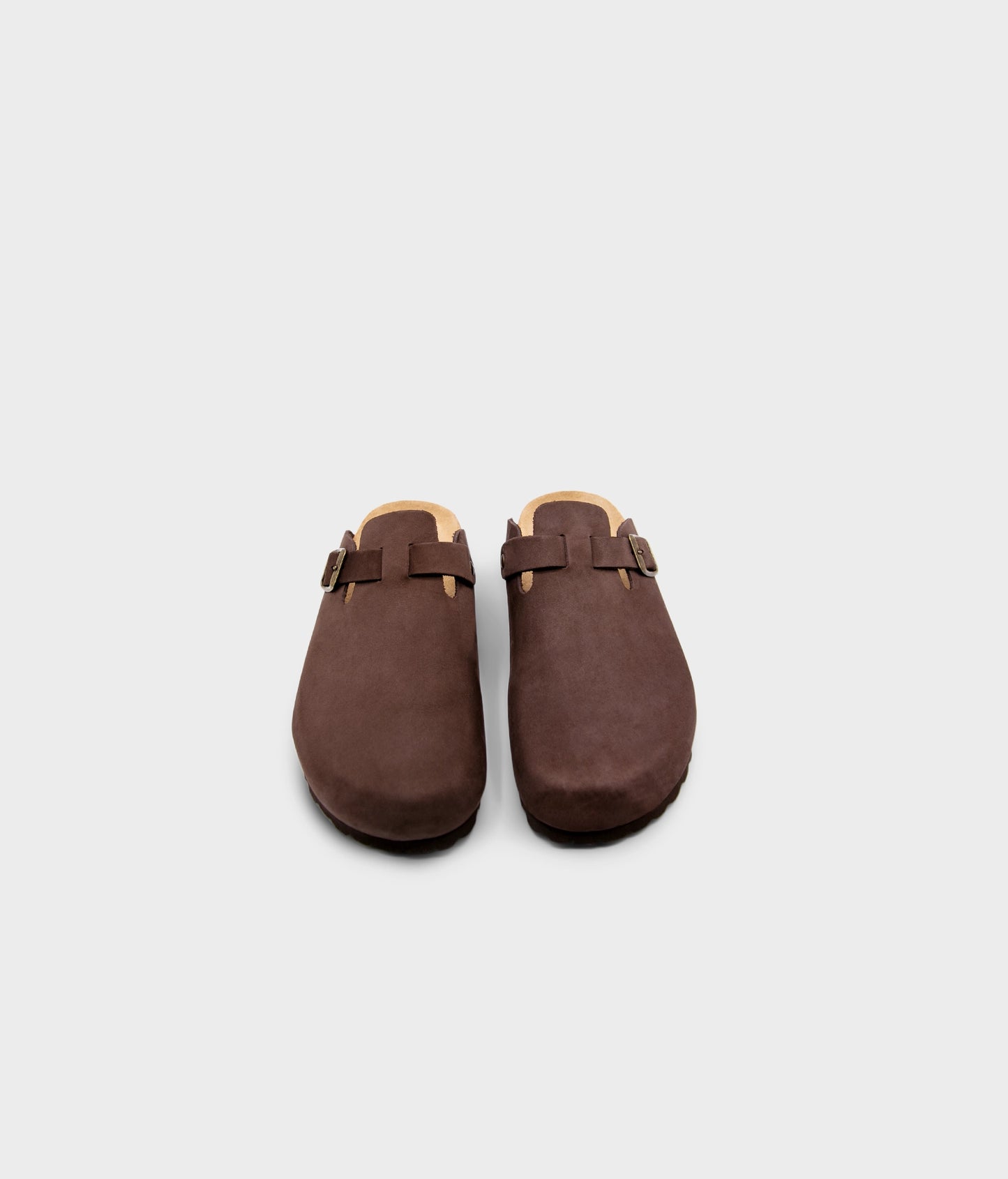 closed-toe cork sandal in walnut brown nubuck leather with a strap with a brass gold buckle, suede footbed and brown EVA outersole