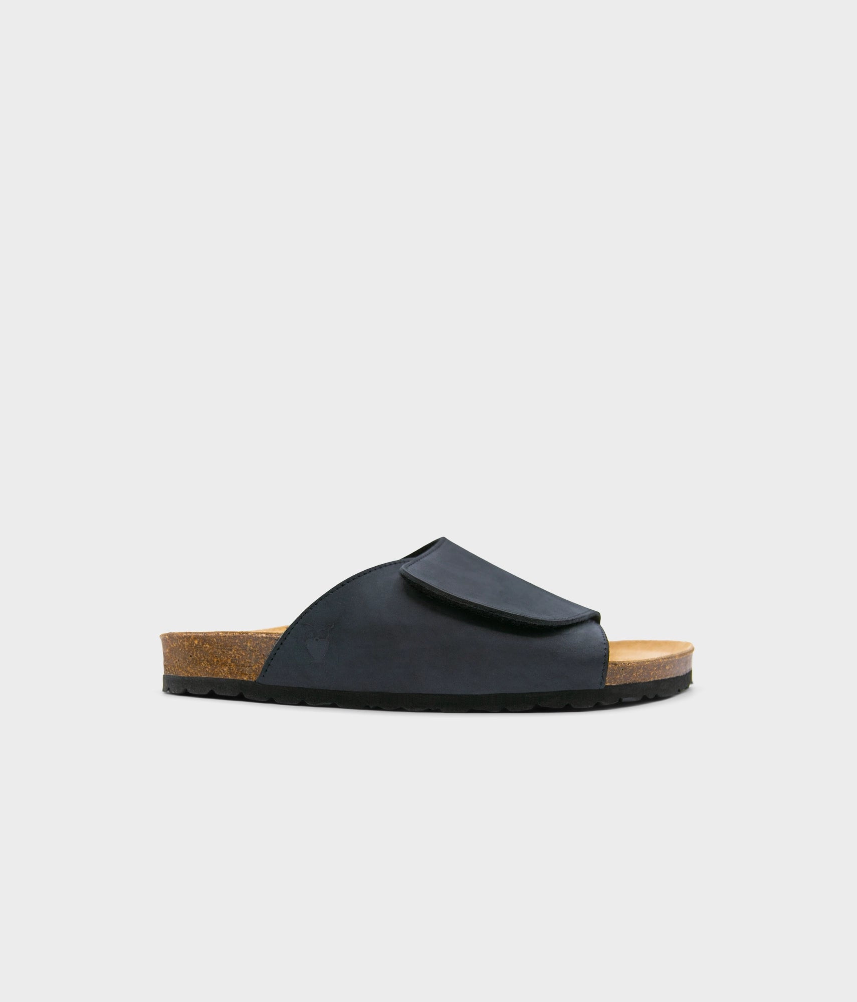 Vigo velcro cork sandals in black nubuck leather, suede footbed and black EVA outersole