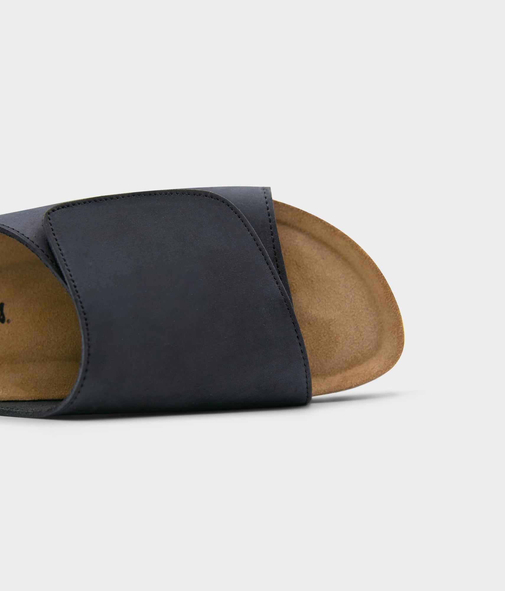 Vigo velcro cork sandals in black nubuck leather, suede footbed and black EVA outersole