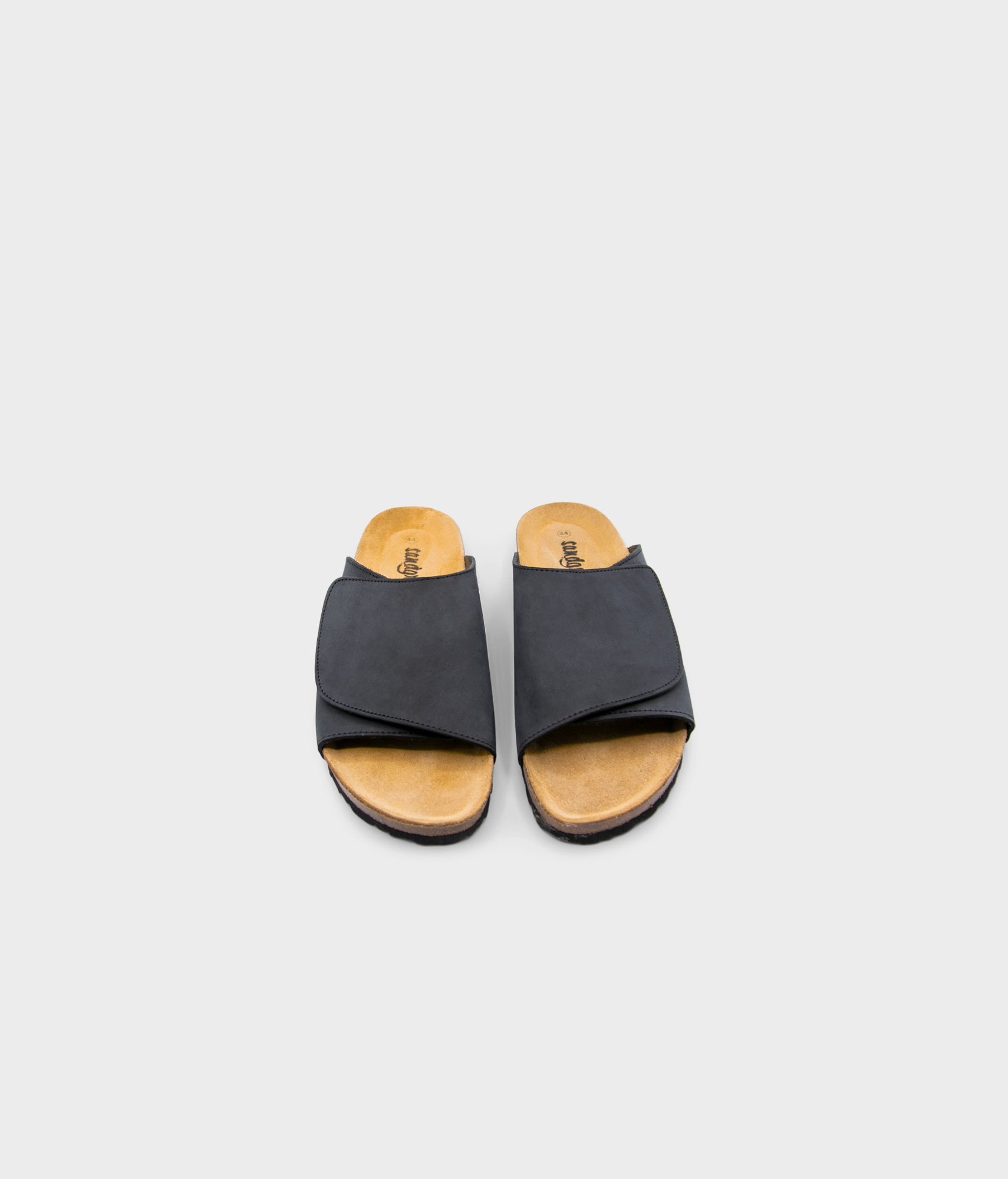 Vigo velcro cork sandals in black nubuck leather, suede footbed and black EVA outersole