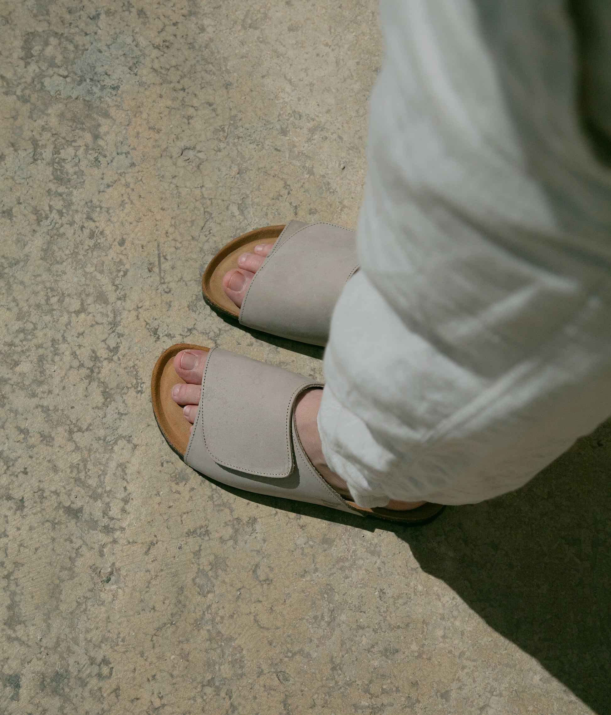 Vigo velcro cork sandals in Sandstone beige nubuck leather, suede footbed and brown EVA outersole