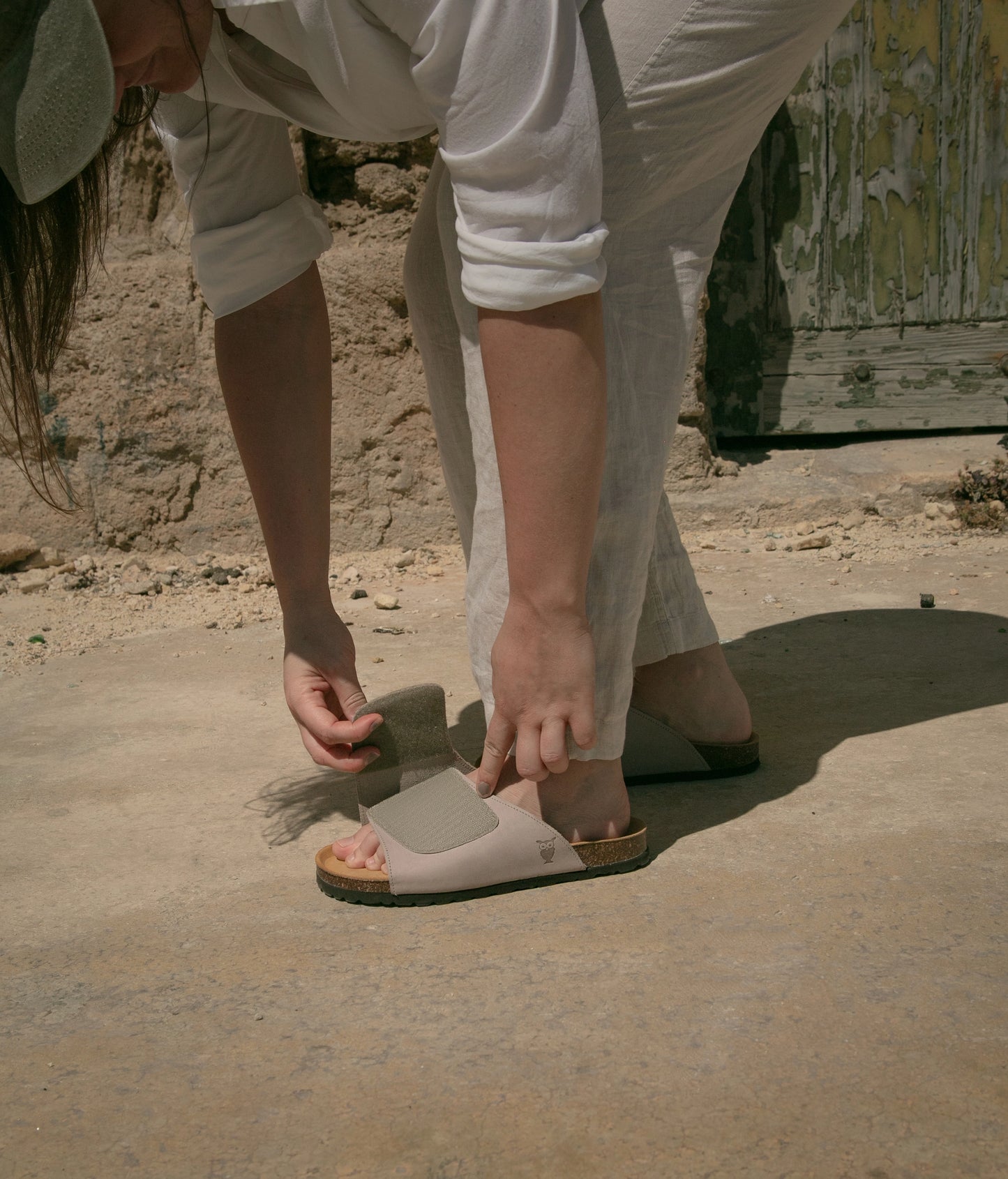 Vigo velcro cork sandals in Sandstone beige nubuck leather, suede footbed and brown EVA outersole