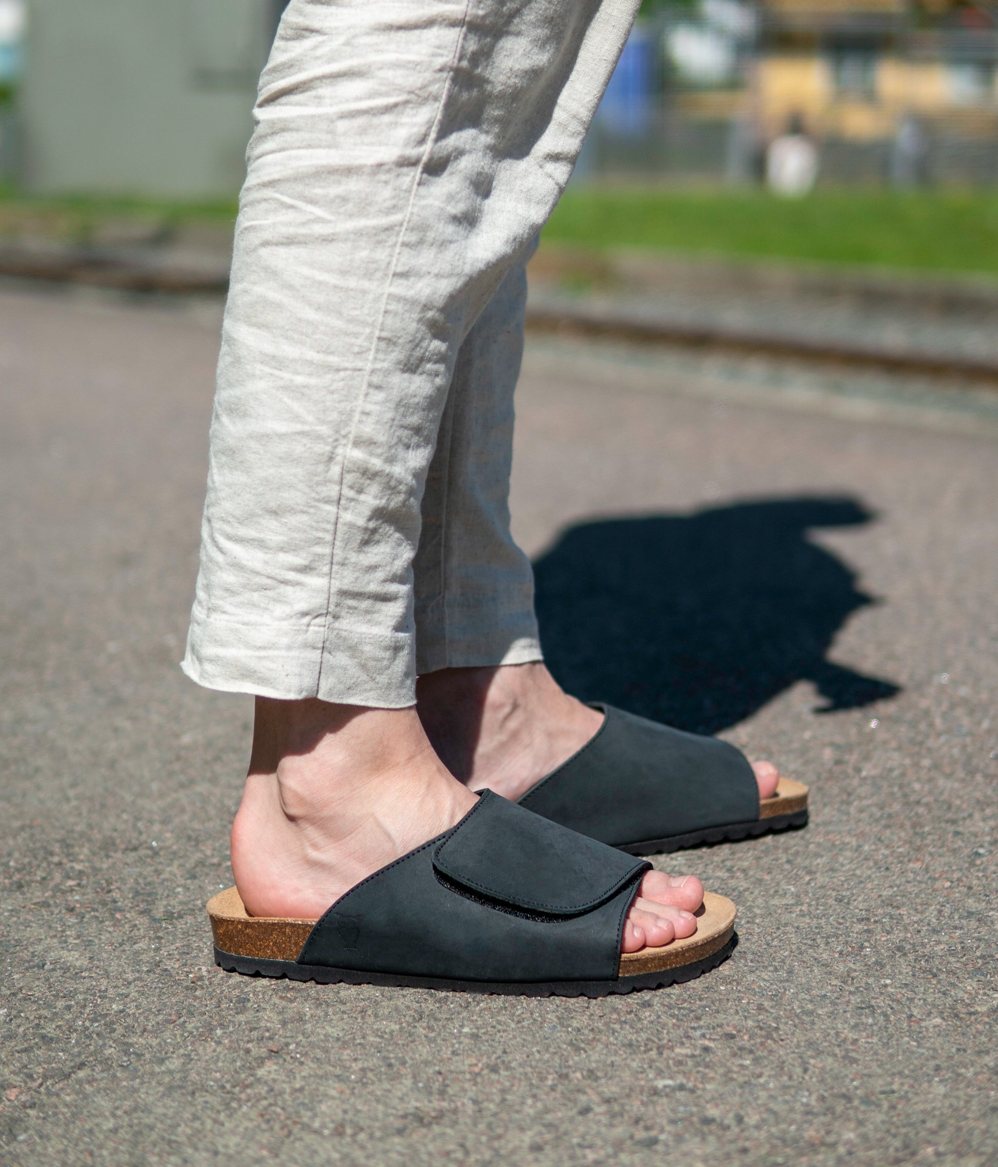 Vigo velcro cork sandals in black nubuck leather, suede footbed and black EVA outersole