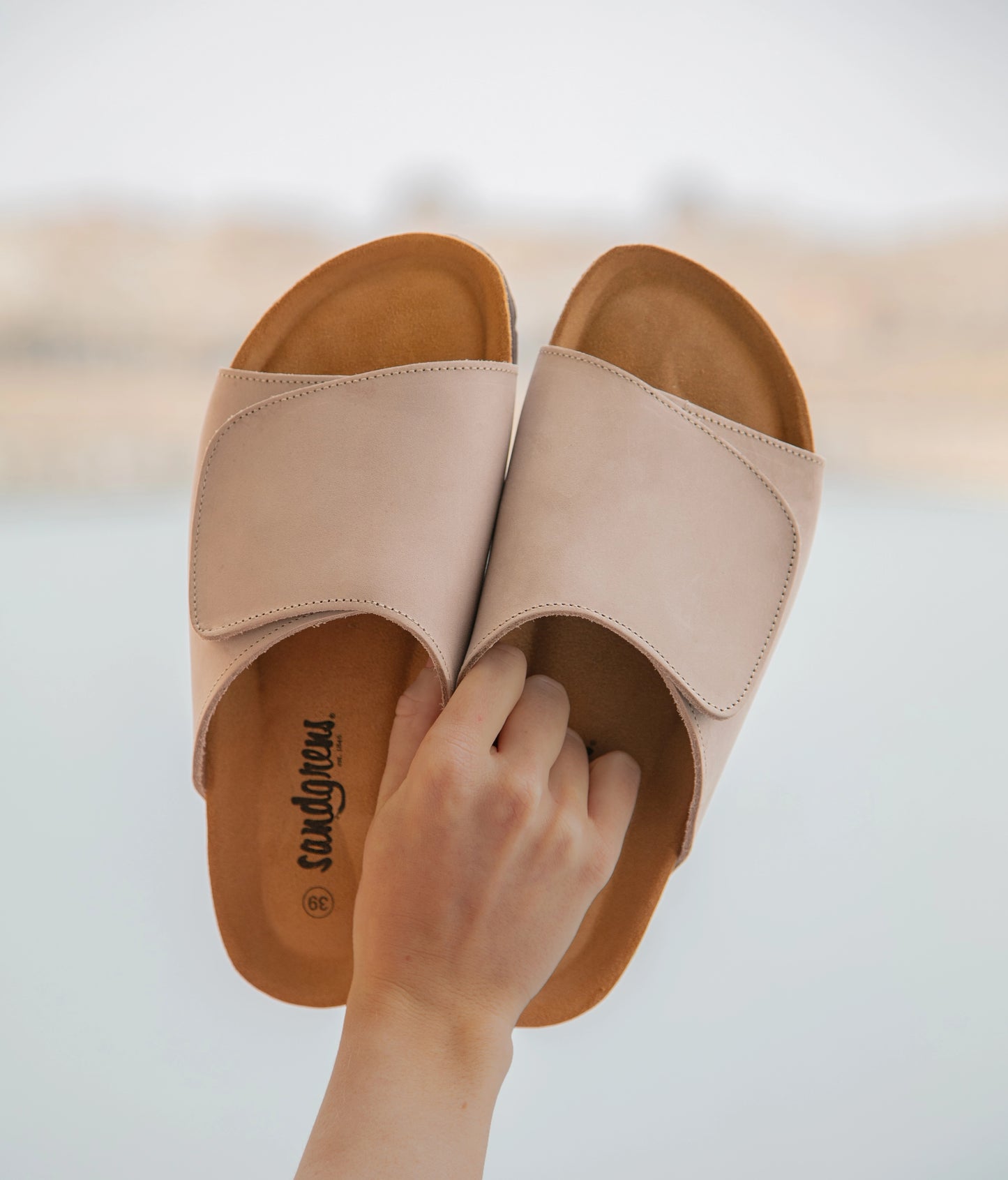 Vigo velcro cork sandals in Sandstone beige nubuck leather, suede footbed and brown EVA outersole