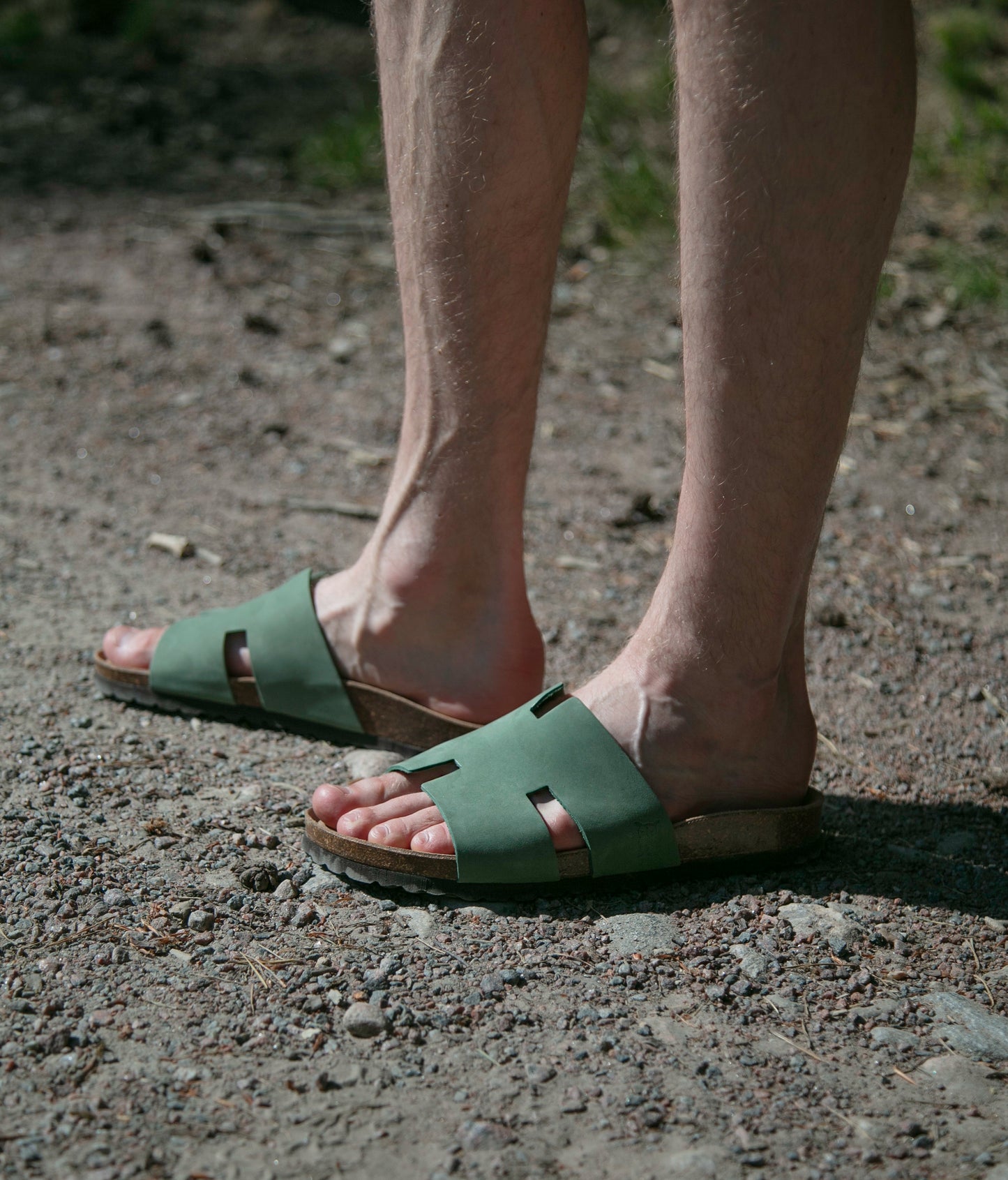 cork sandal with an H-shaped cutout in Jade Green nubuck leather, suede footbed and brown EVA outersole