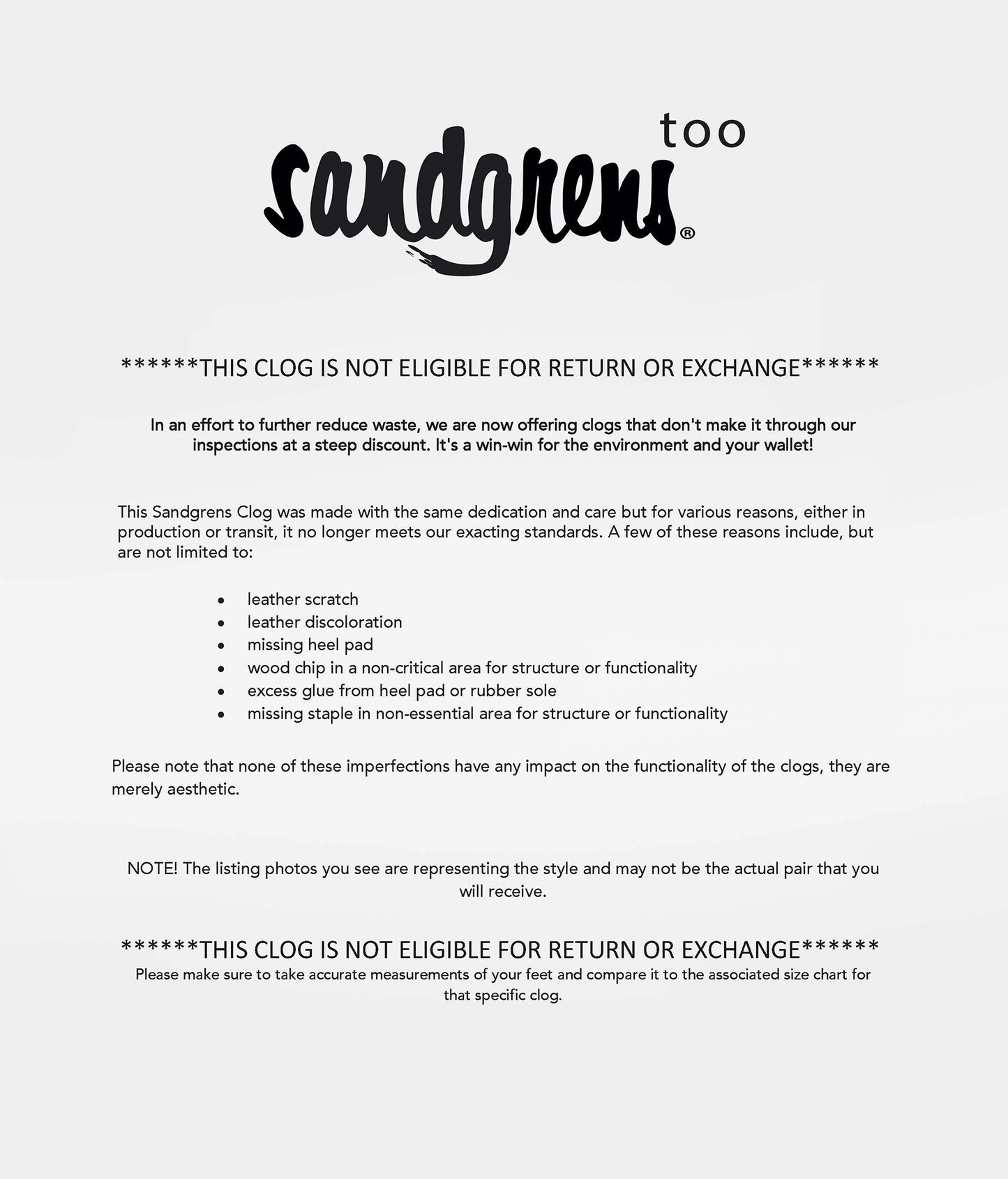 disclaimer for returns and exchanges for Sandgrens Too collection